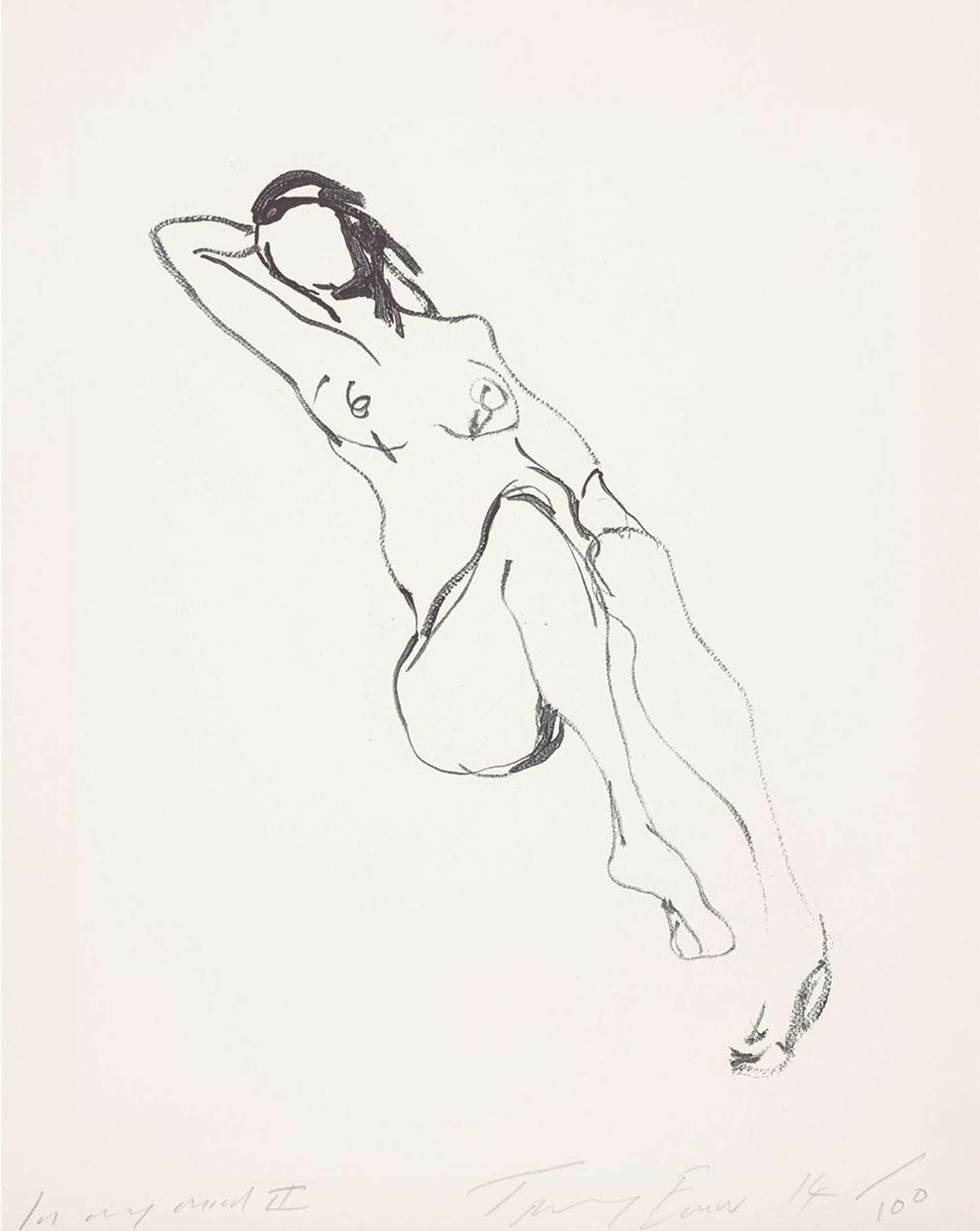 An etching by Tracey Emin portraying a female nude, rendered through Emin’s characteristic rushed and unfinished lines