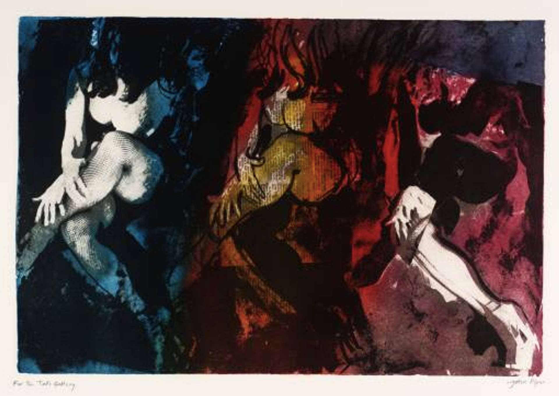 Collaged print showcasing three negative photographic proofs of a seated woman. The woman is nude, with crossed legs and her arm resting on her shin. The composition starts with a blue gradient and transitions to warmer hues from left to right, creating a visually dynamic effect.