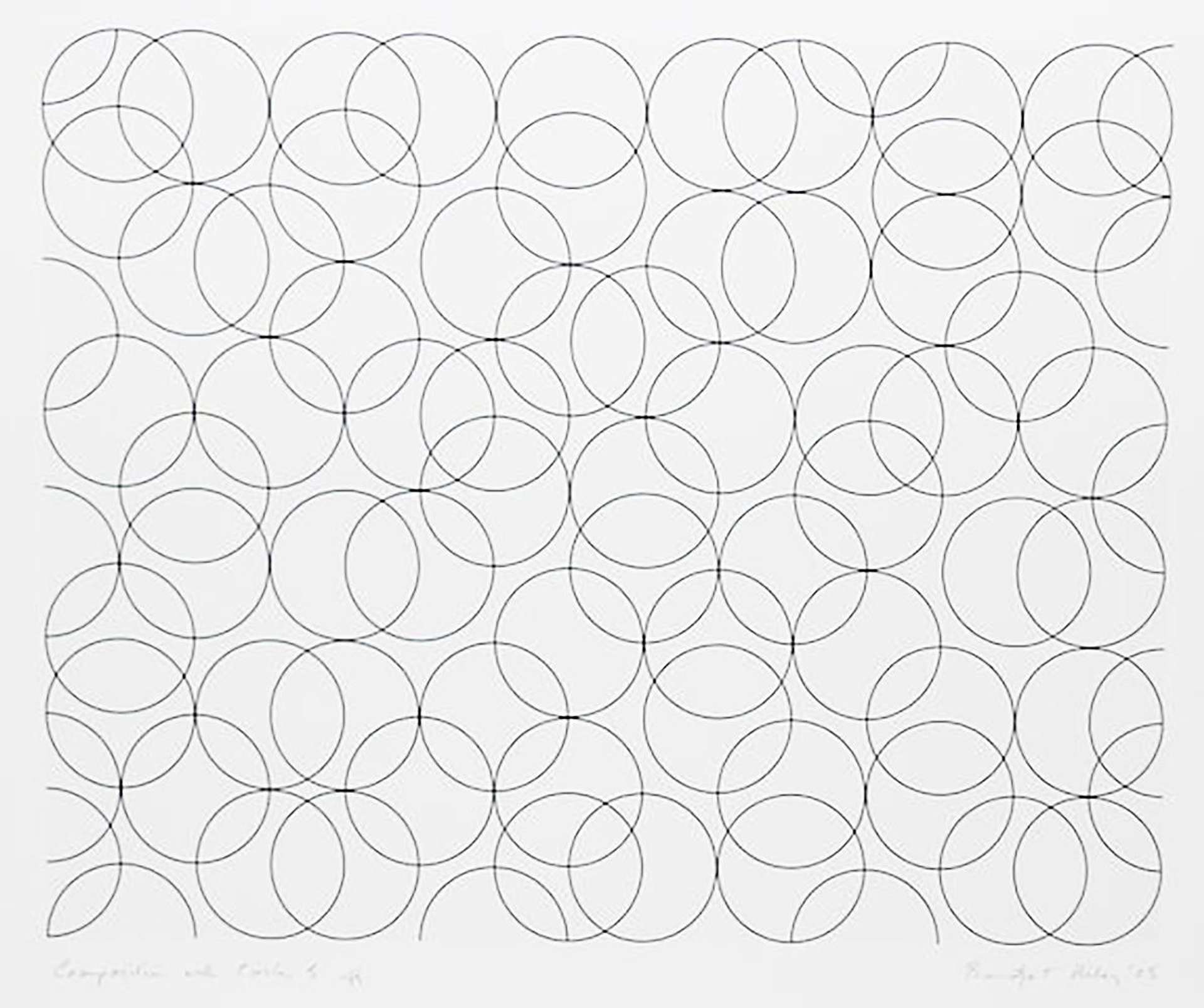 A series of overlapping black circles on a white background, done by artist Bridget Riley