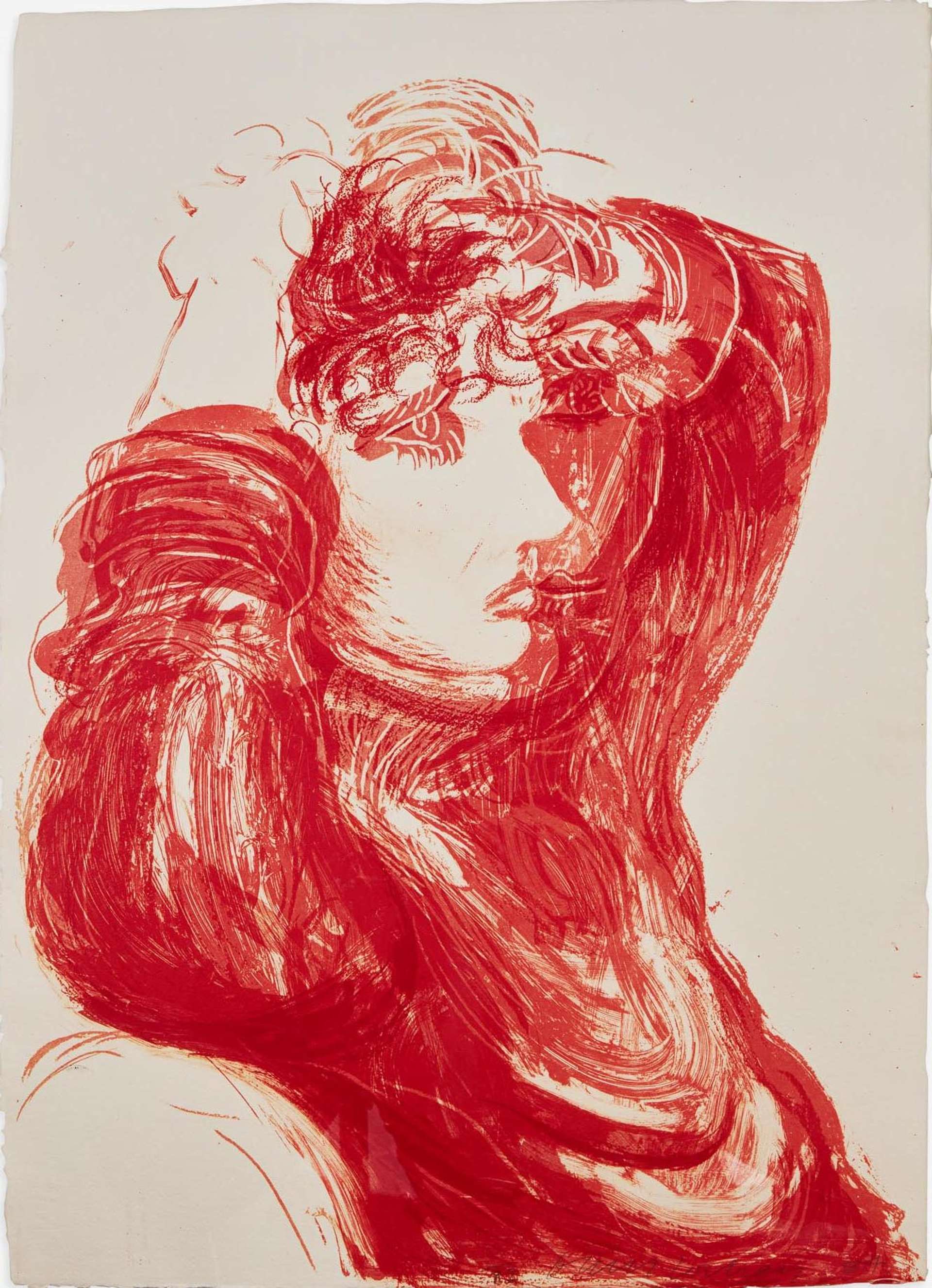 David Hockney’s Red Celia. A lithographic print of a cubist style rendering of the side profile of a woman, seated with her arms raised and folded above her head, all in the colour red. 