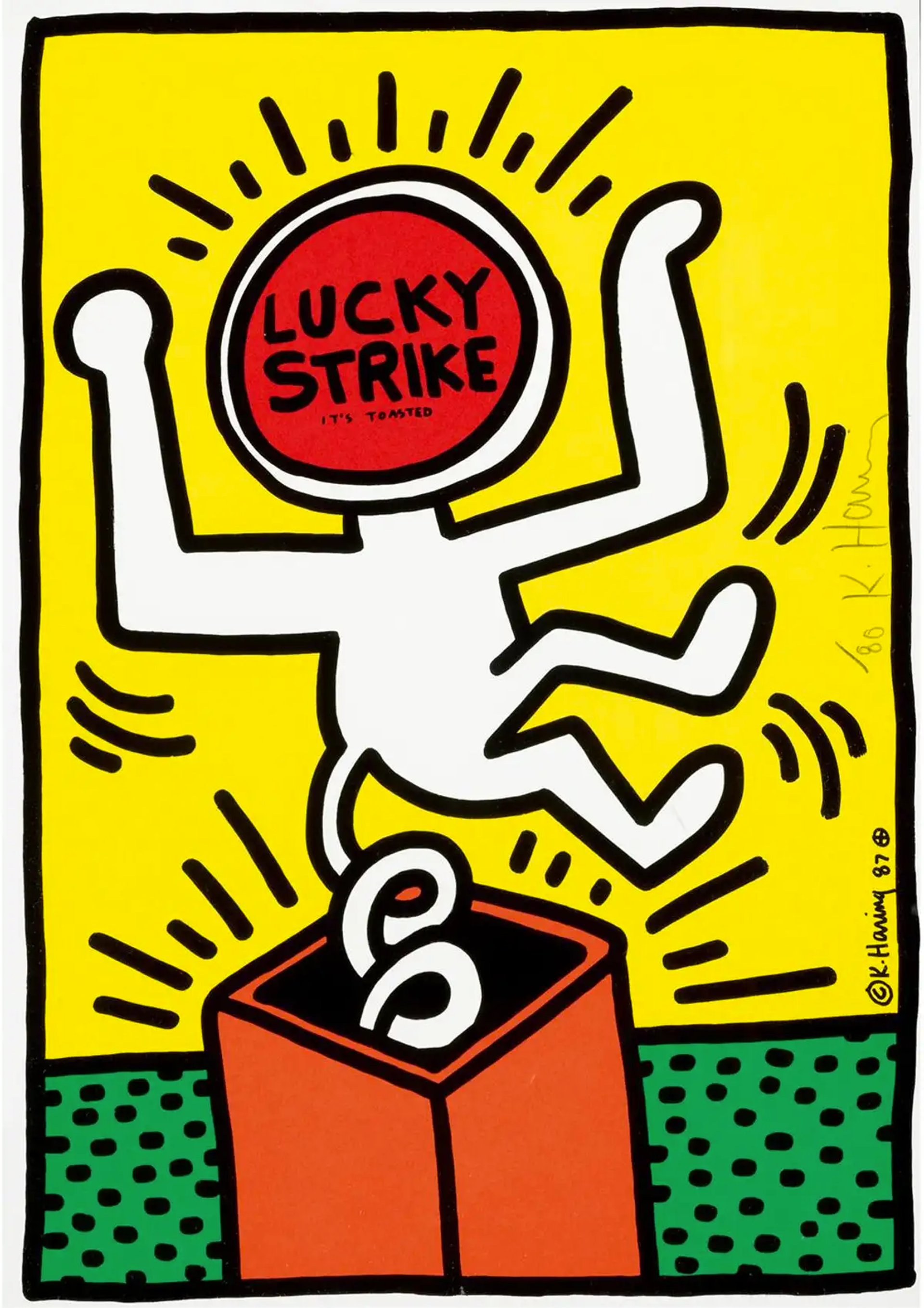 Lucky Strike shows a white dancing figure emerging from a toy box. Its head is replaced by the Lucky Strike logo. The background is composed of a green floor and a yellow wall. The print is signed on the right side.