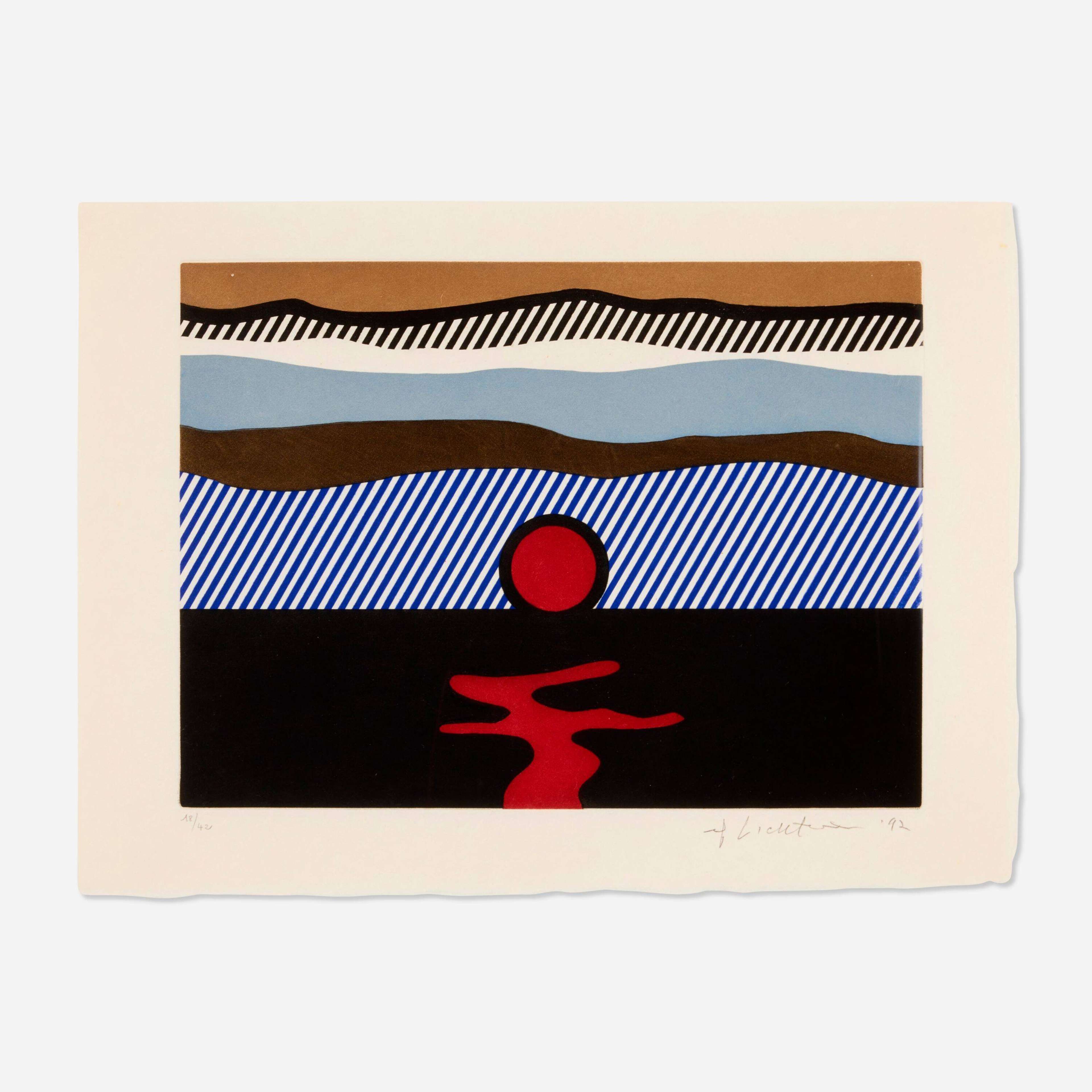 A signed intaglio print by Roy Lichtenstein, titled Illustration For De Nouveau Au-Dessus De Denver, depicting stylised mountains beneath a blue sky with bold black outlines, geometric forms and yellow accents, signed in the lower right corner.