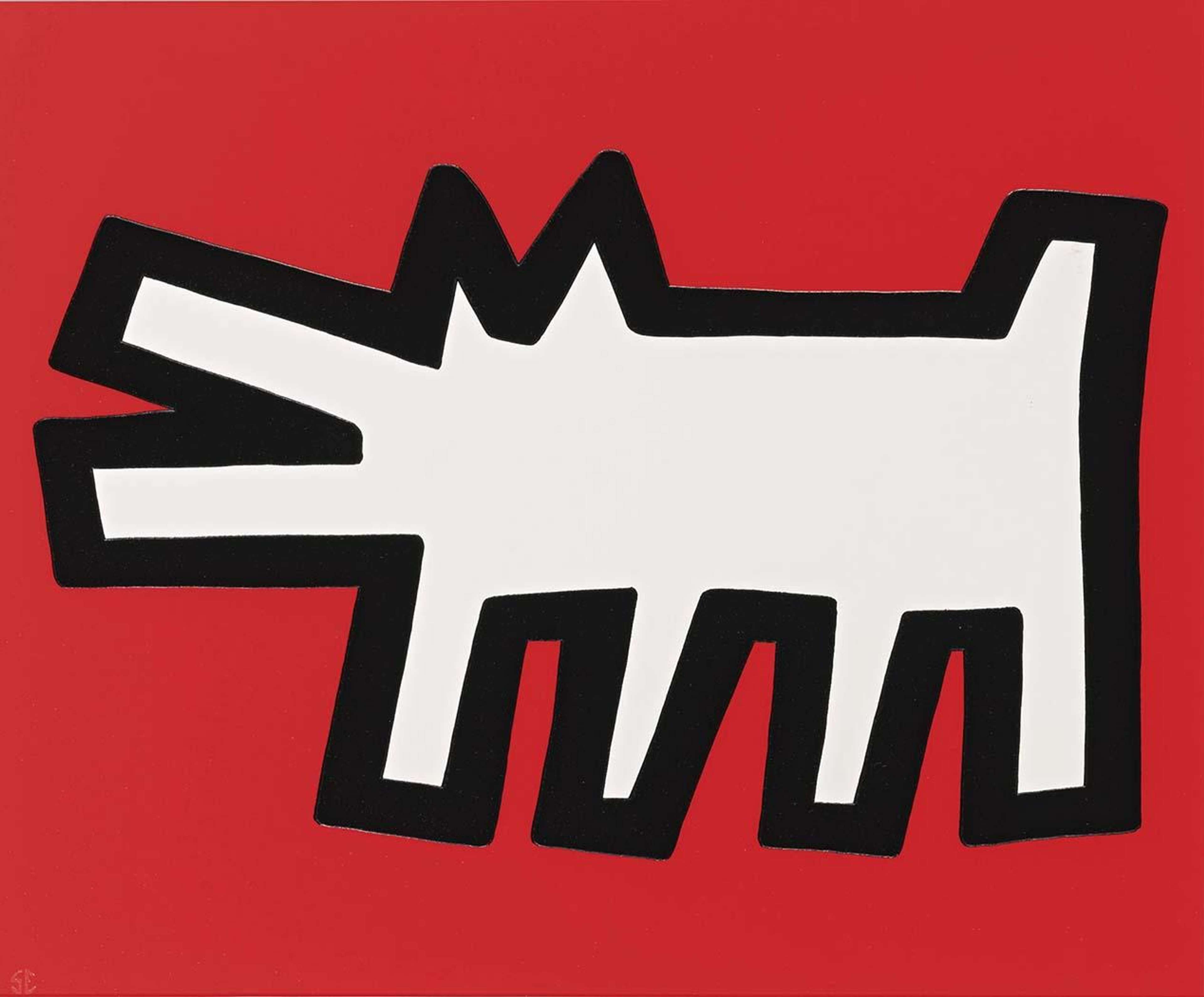 Keith Haring’s Barking Dog. A Pop Art screenprint of a white dog with a black outline in front of a red background.