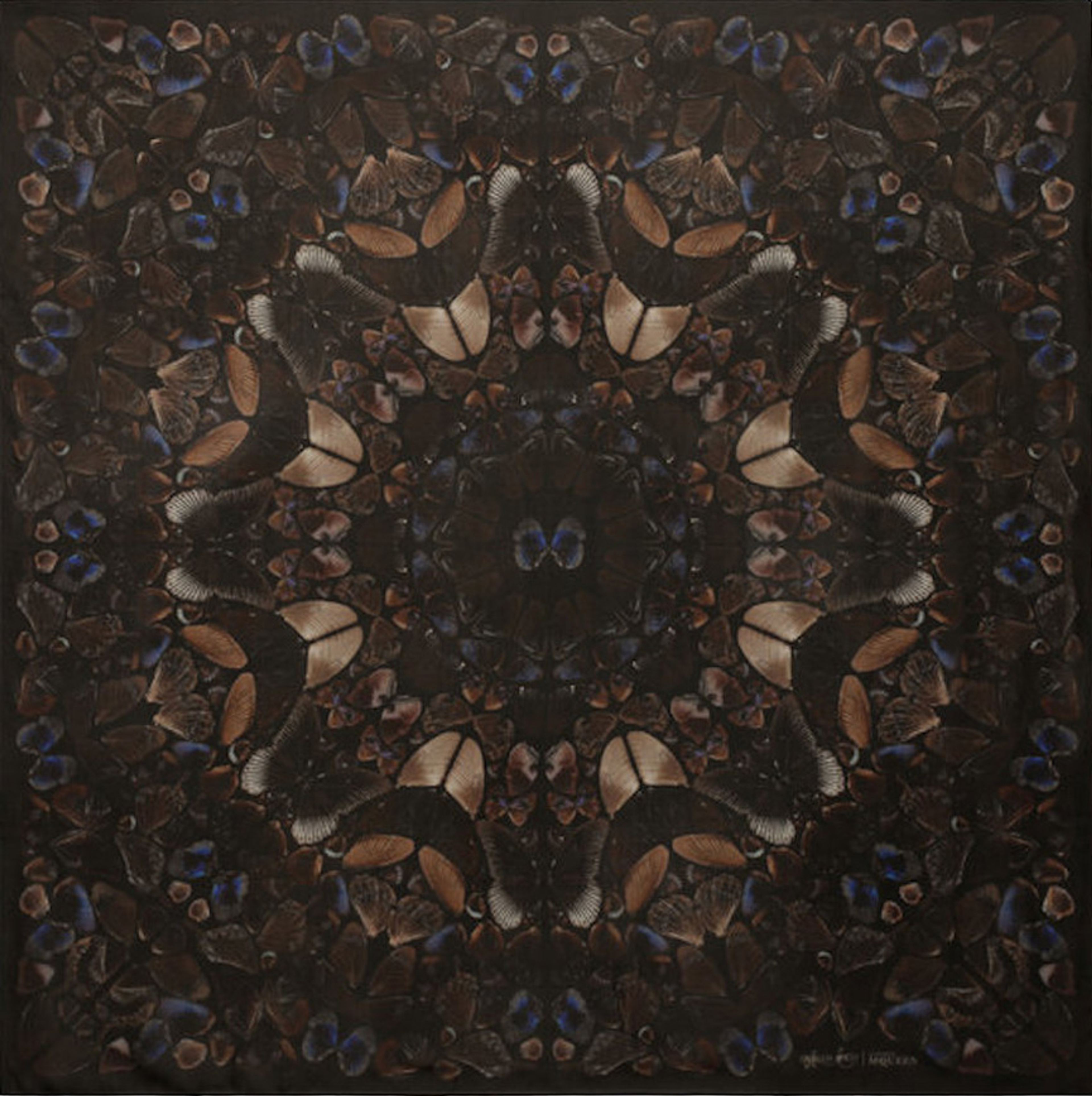 Brown square scarf with a kaleidoscope butterfly pattern emerging from the centre and working outwards