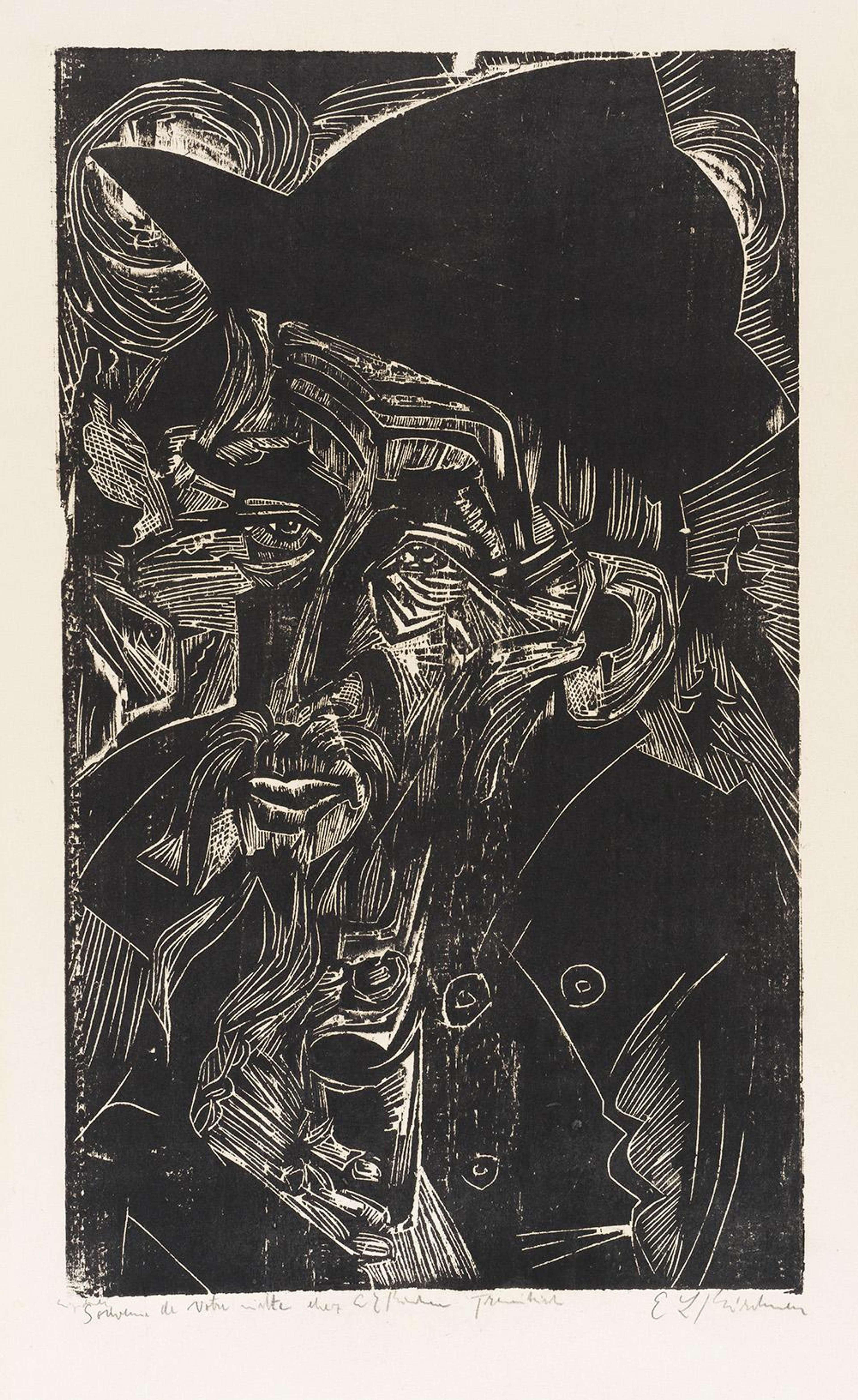 Alter Bärtiger Älpler In Schwarzem Hut (Kaspar Cadiepolt) - Signed Print by Ernst Ludwig Kirchner 1919 - MyArtBroker