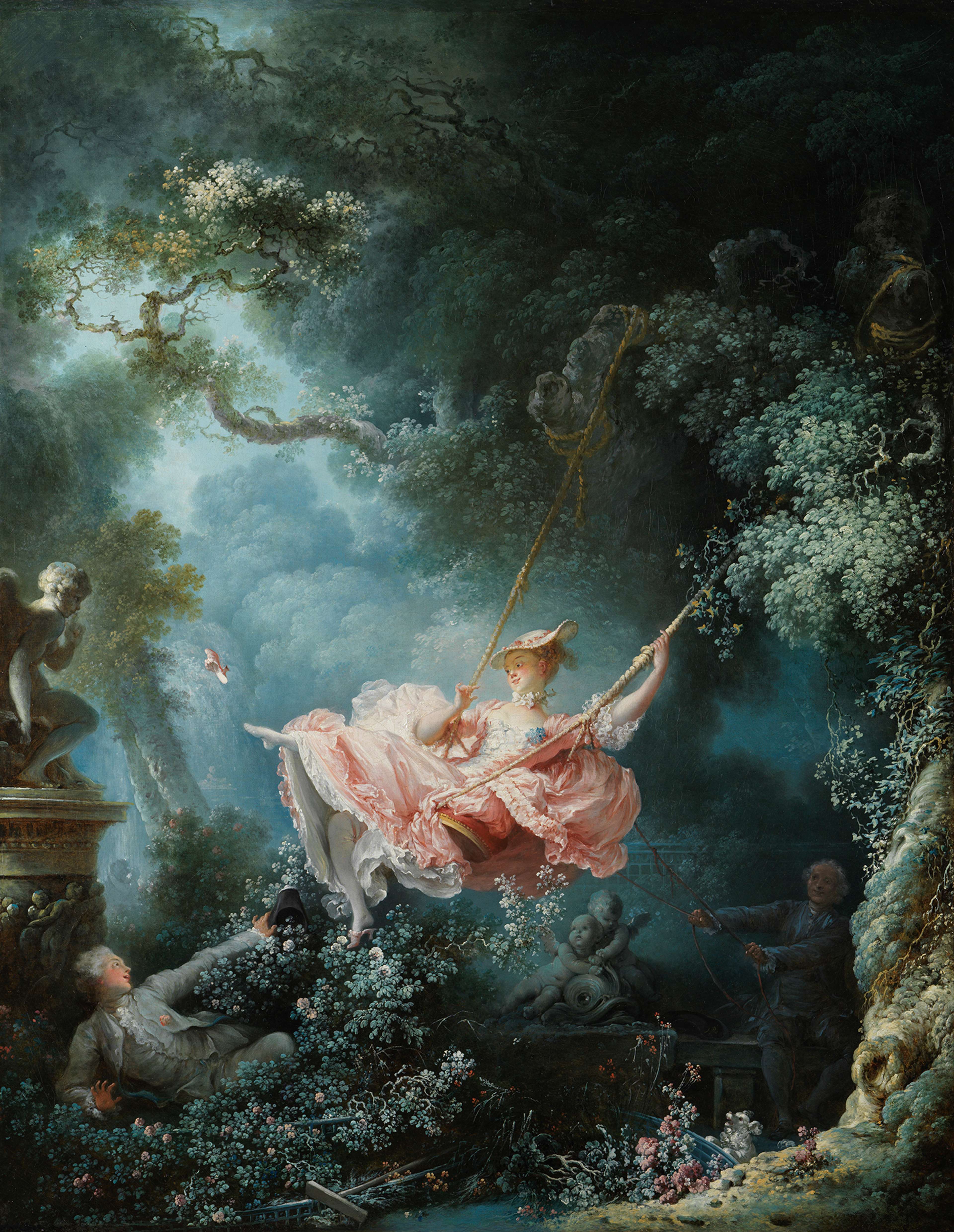 A young woman in a billowing pink dress soars on a swing through a shadowy, overgrown garden, kicking off her shoe toward a hidden admirer as another man pulls the ropes from behind.