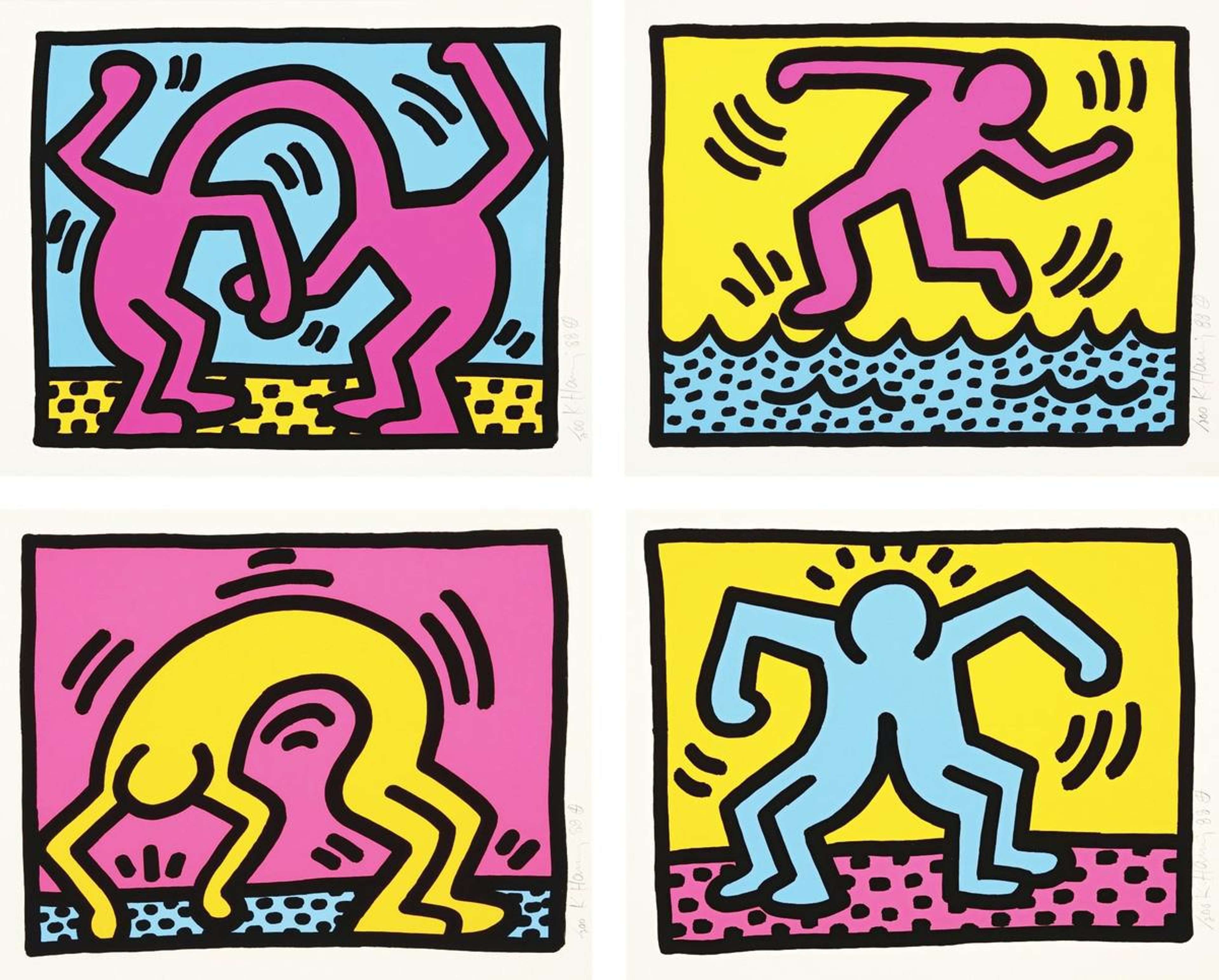 A set of four screenprints by Keith Haring depicting cartoonish figures in different poses, all in a palette of yellow, pink, and light blue, with graphic black outlines.