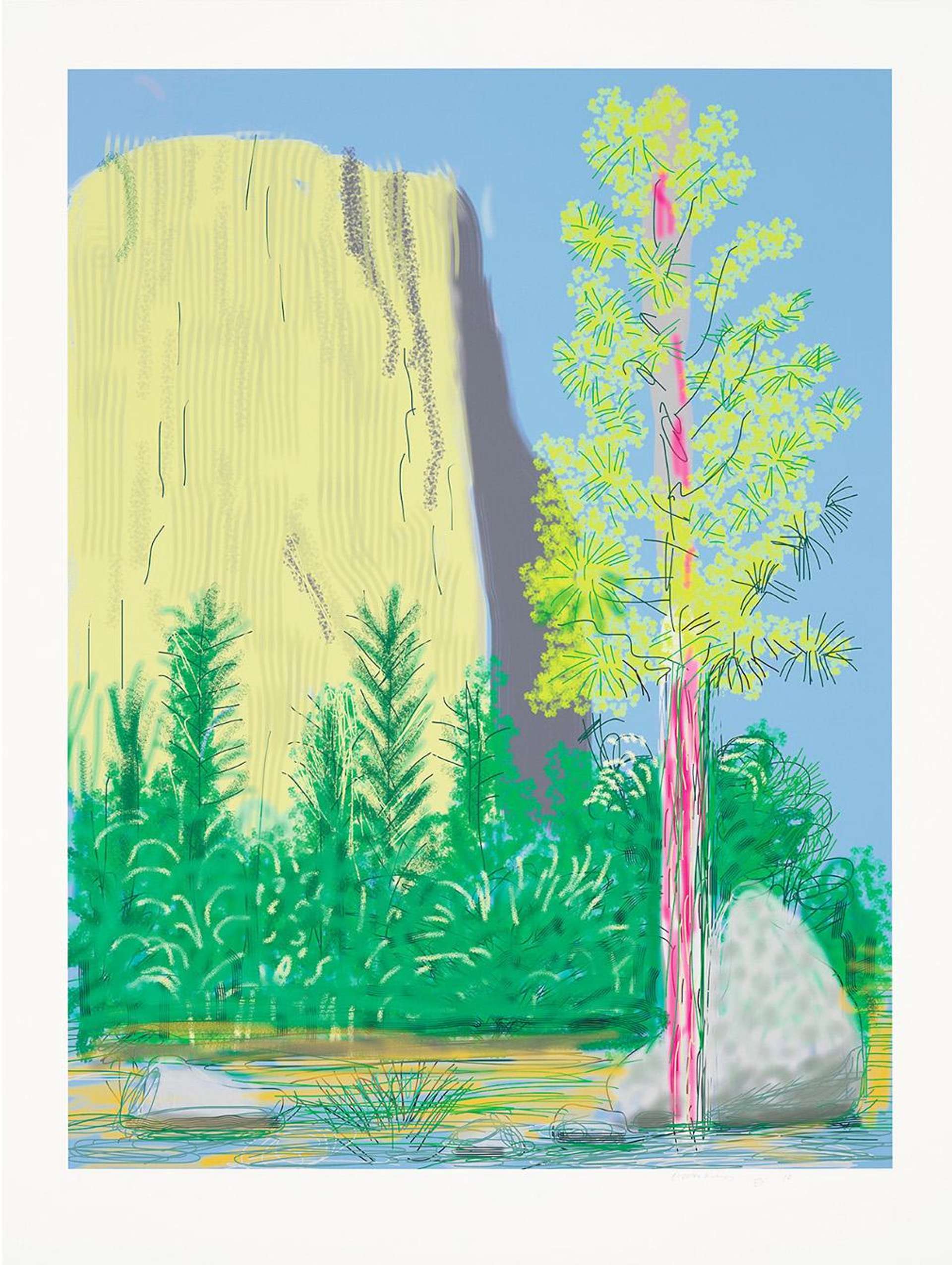 David Hockney’s The Yosemite Suite 22. A digital print of a landscape view of California's Yosemite National Park. A tall pine tree with a pink trunk and bright green leaves in front of a yellow coloured mountain and green shrubs.