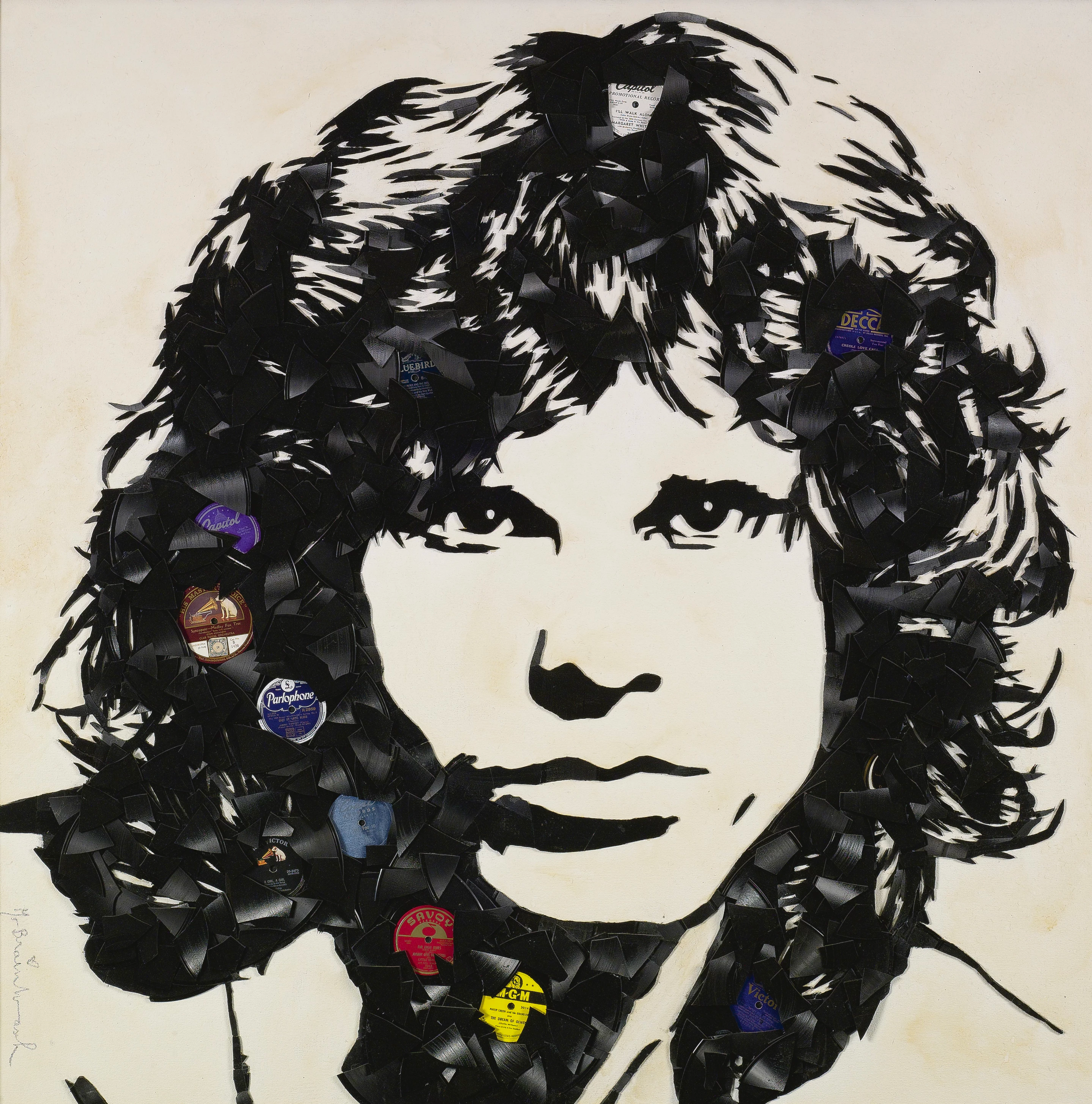 A painted collage on canvas featuring The Doors frontman Jim Morrison. His wild hair is created using collaged vinyl record labels, and he is set against a beige background.