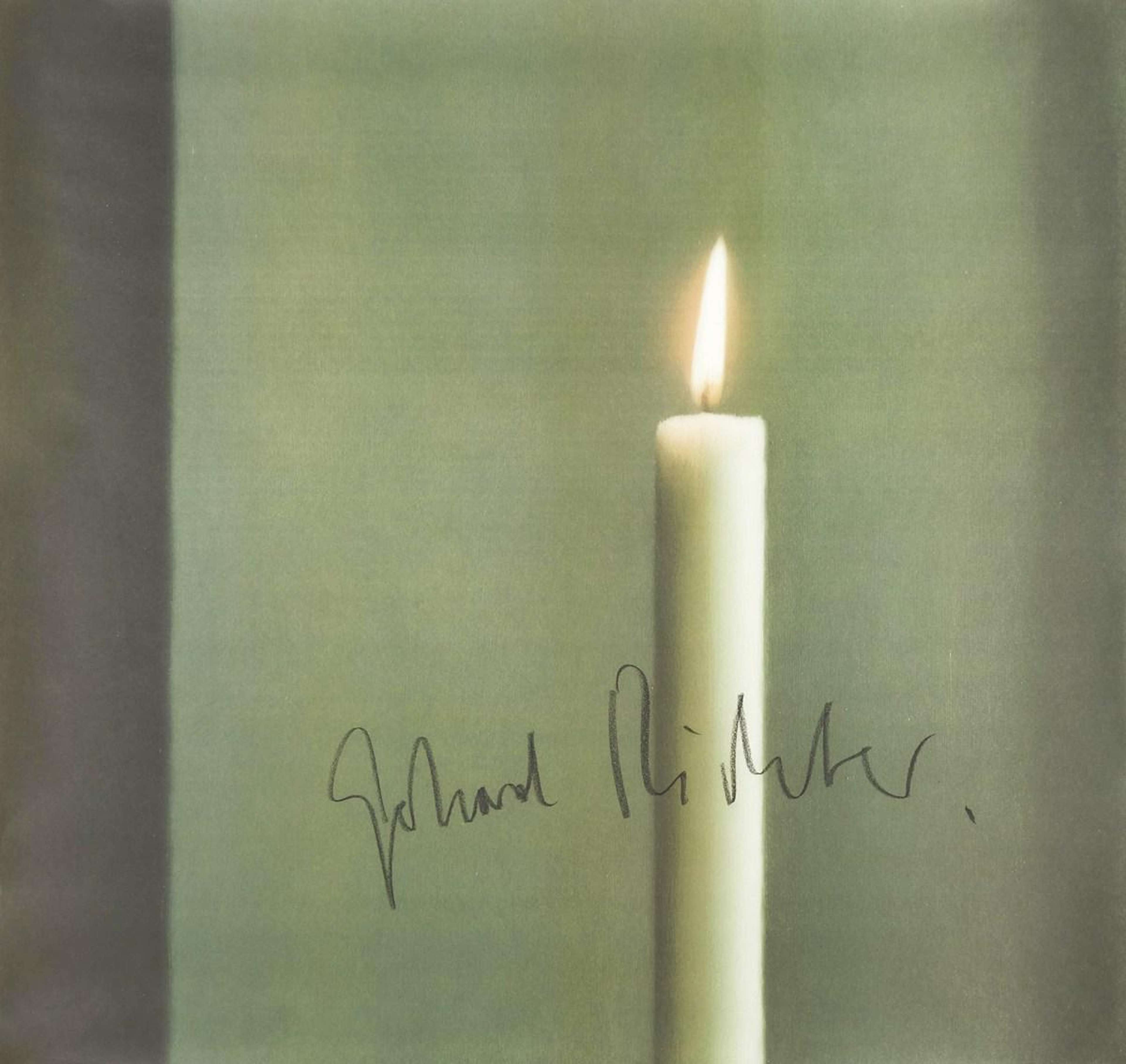 Signed lithograph by Gerhard Richter, depicting a photorealistic cream-coloured lit stick candle with soft edges, resembling a photograph which is slightly out of focus. The candle stands against a warm green background.