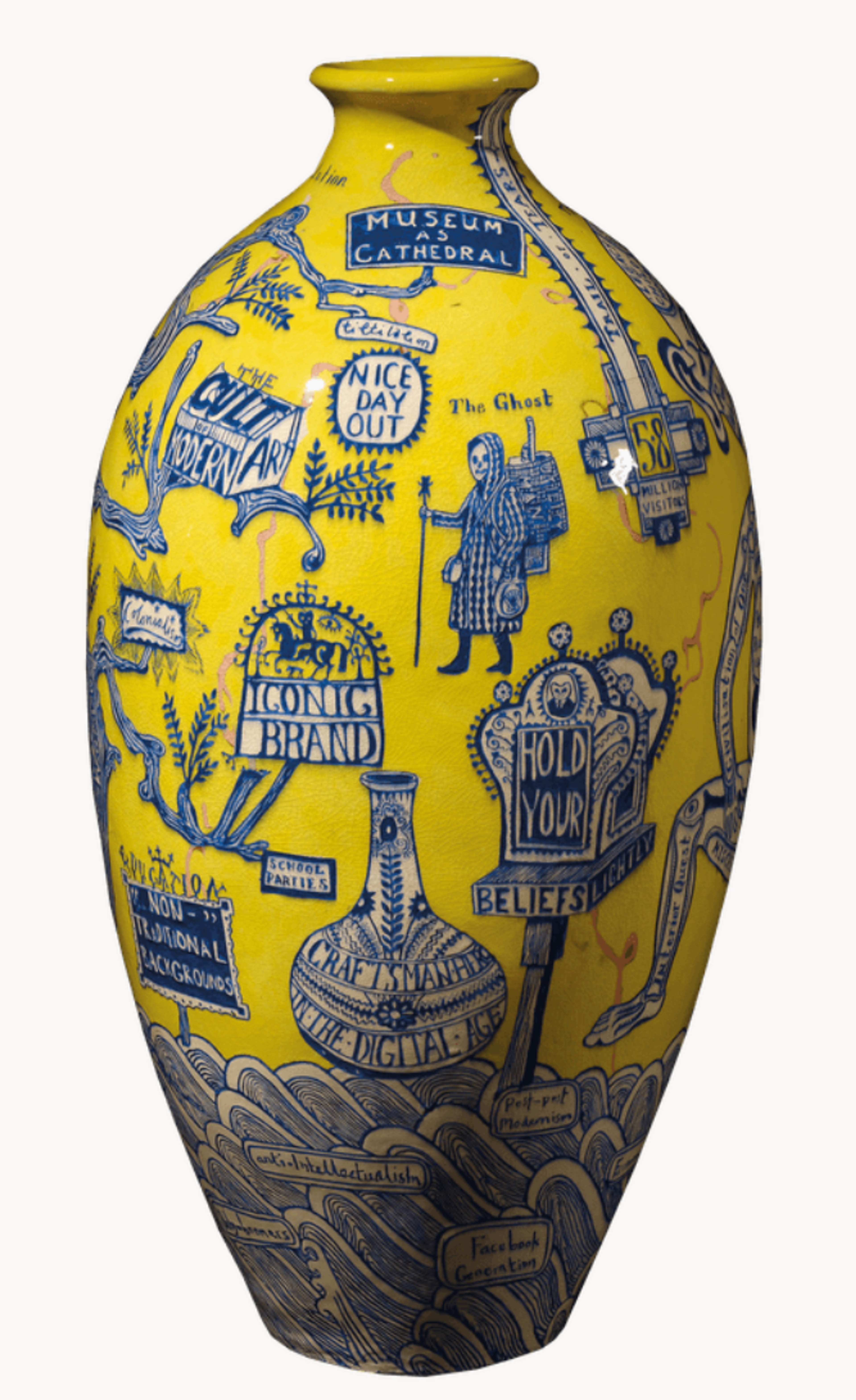 Yellow ceramic vase by Grayson Perry, covered with blue and white depictions of the artworks from the British Museum.