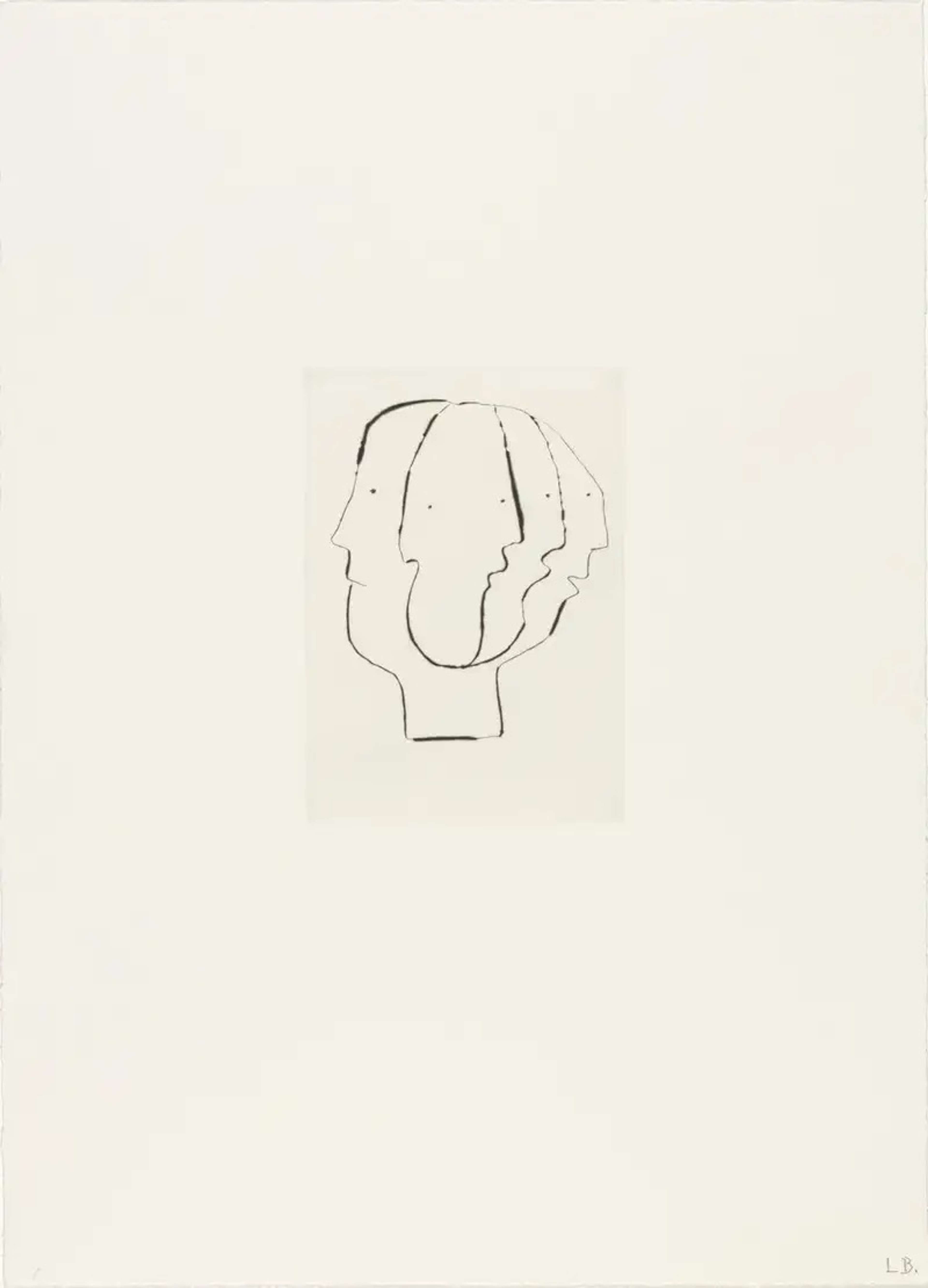 Louise Bourgeois Untitled No. 1. A monochromatic etching of a depiction of a face with four side profile perspectives.