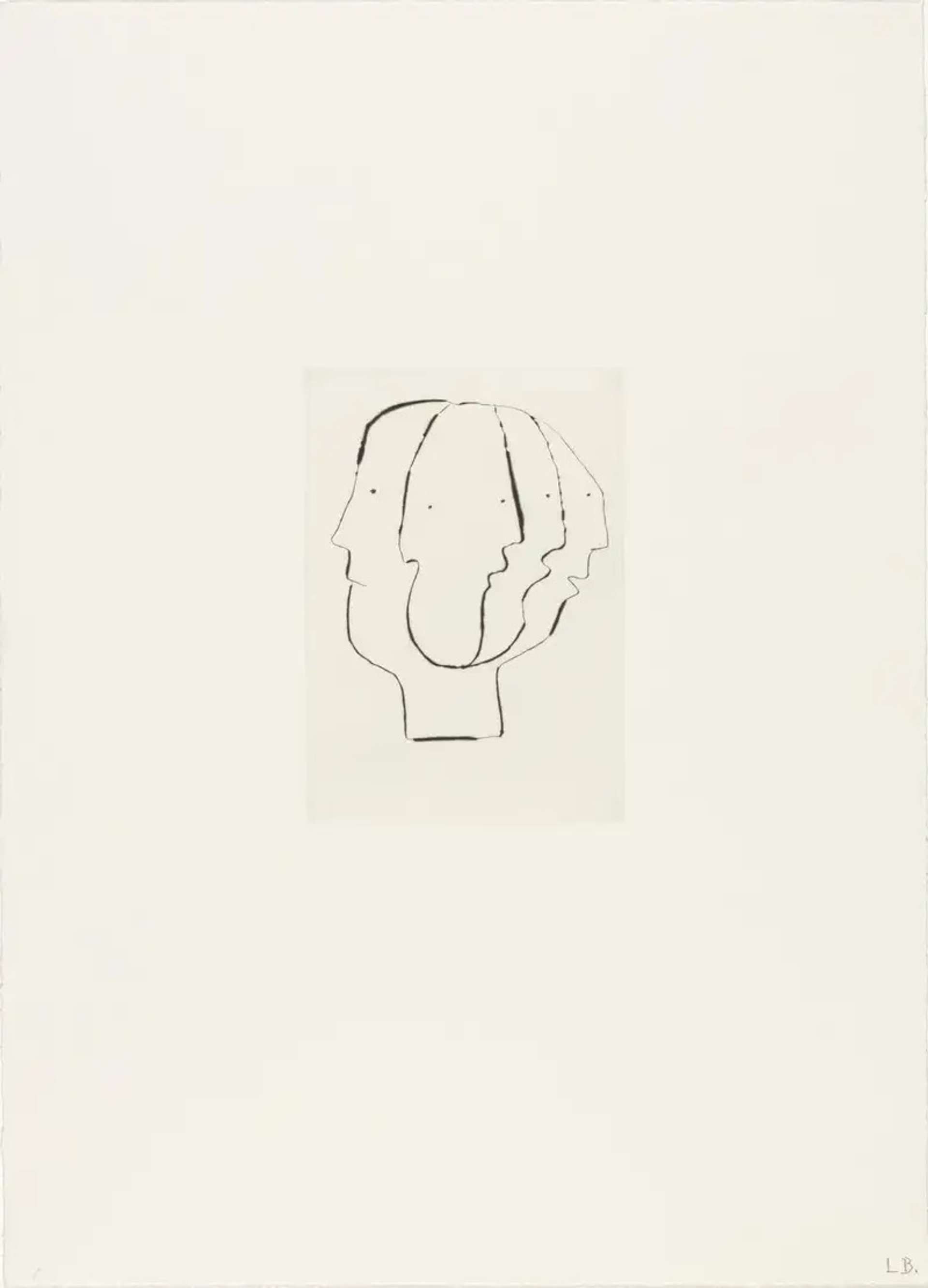 Louise Bourgeois Untitled No. 1. A monochromatic etching of a depiction of a face with four side profile perspectives.