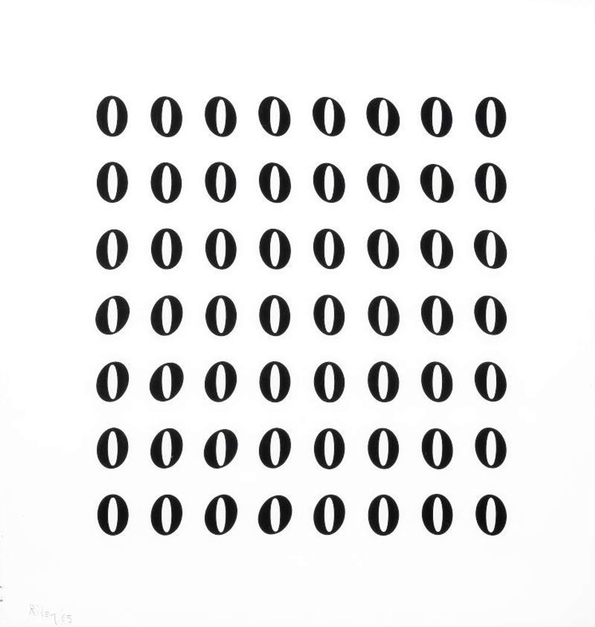 Bridget Riley’s Fragment 4. An Op Art screenprint of eight columns of black circular shapes against a white background. 