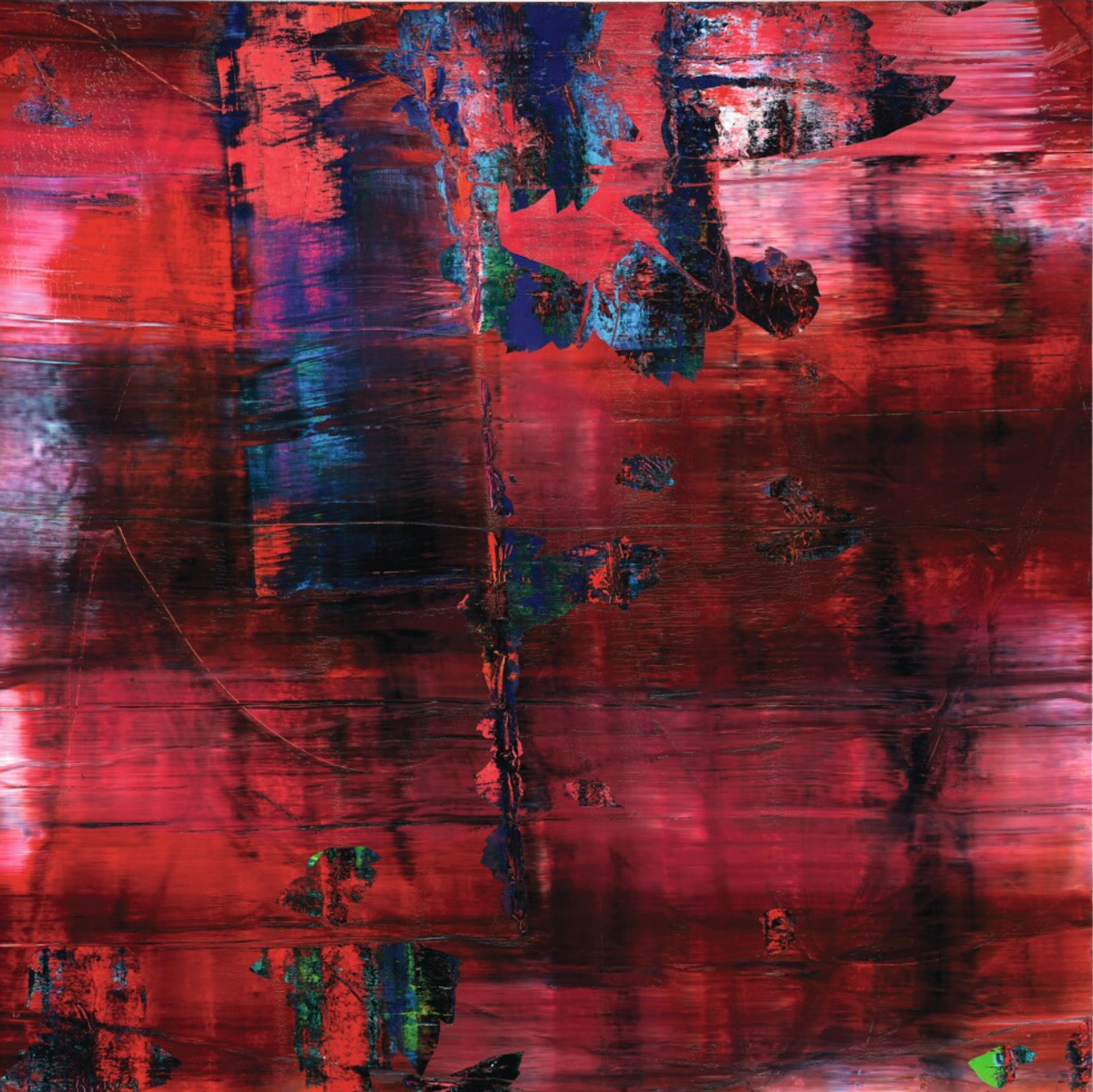 Large-scale abstract painting by Gerhard Richter, with crimson and purple horizontal streaks dominating the work. Poking through from underneath the reddish tones are blues and greens.