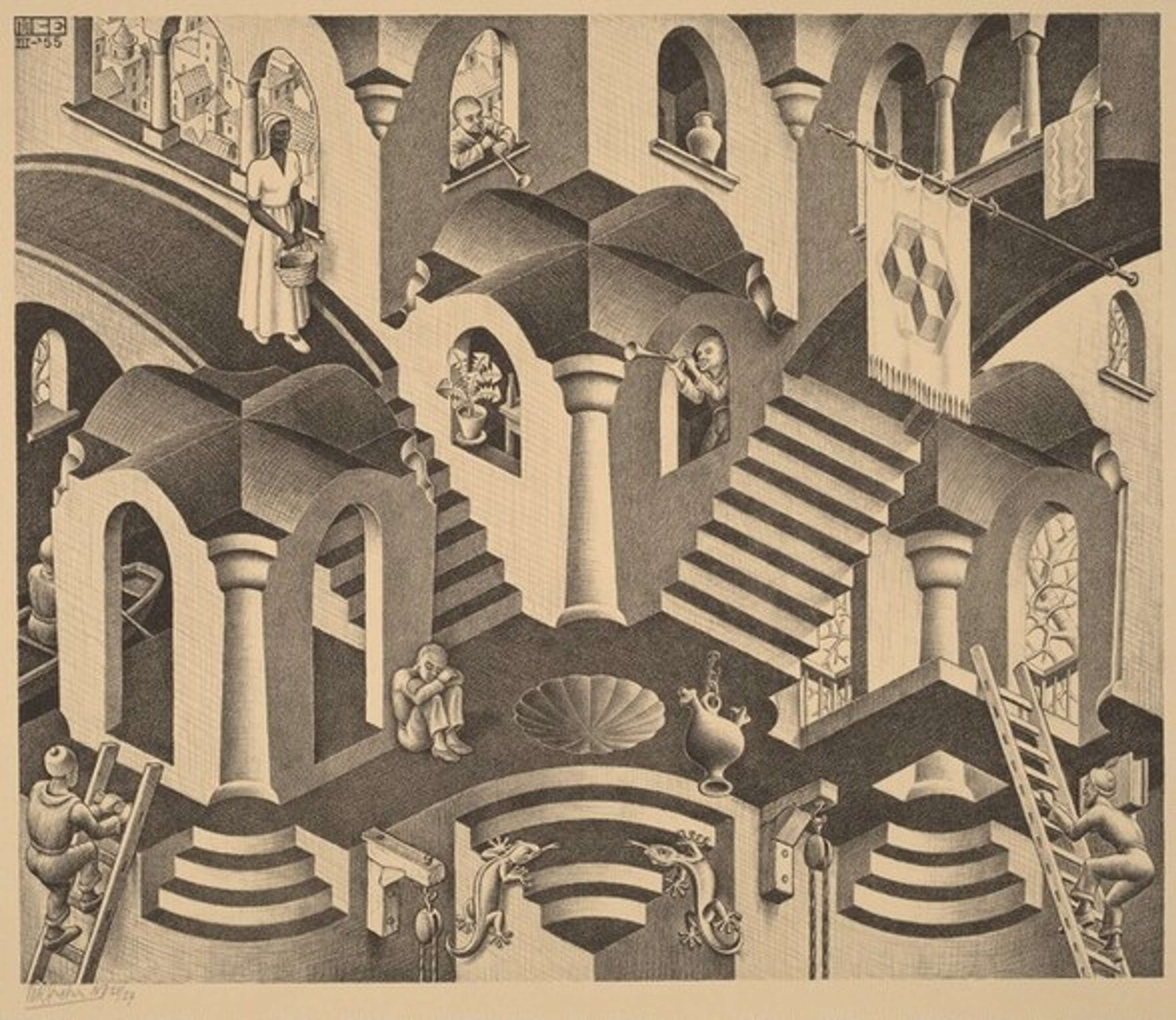 A lithograph print titled "Convex and Concave" by M.C. Escher. The artwork features interlocking shapes with a combination of convex and concave surfaces arranged in a repeating pattern, creating an optical illusion of depth and movement.