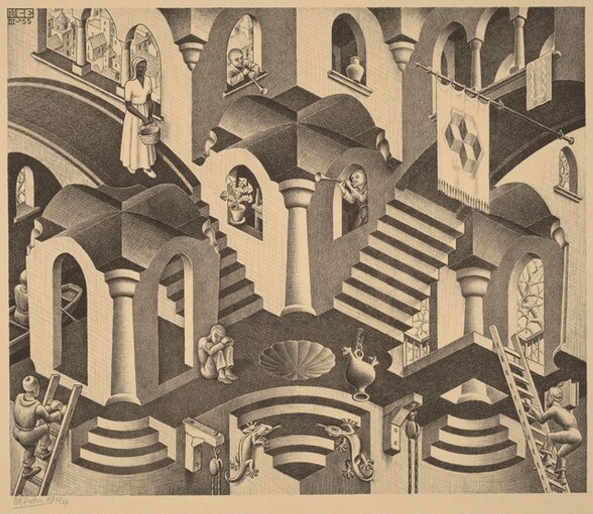 A lithograph print titled "Convex and Concave" by M.C. Escher. The artwork features interlocking shapes with a combination of convex and concave surfaces arranged in a repeating pattern, creating an optical illusion of depth and movement.