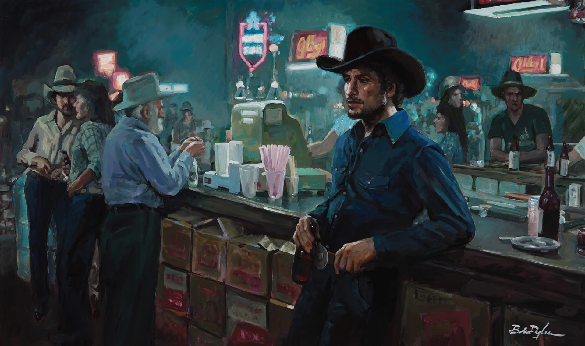 The central figure, a cowboy wearing a blue denim shirt tucked into his jeans leans his back and two elbows against a bar, wearing a cowboy hat with a straoghtforward stare. Other figures are visble in the room all dressed in the similar buttoned up shirts, denim, jeans, and cowboy hats. 