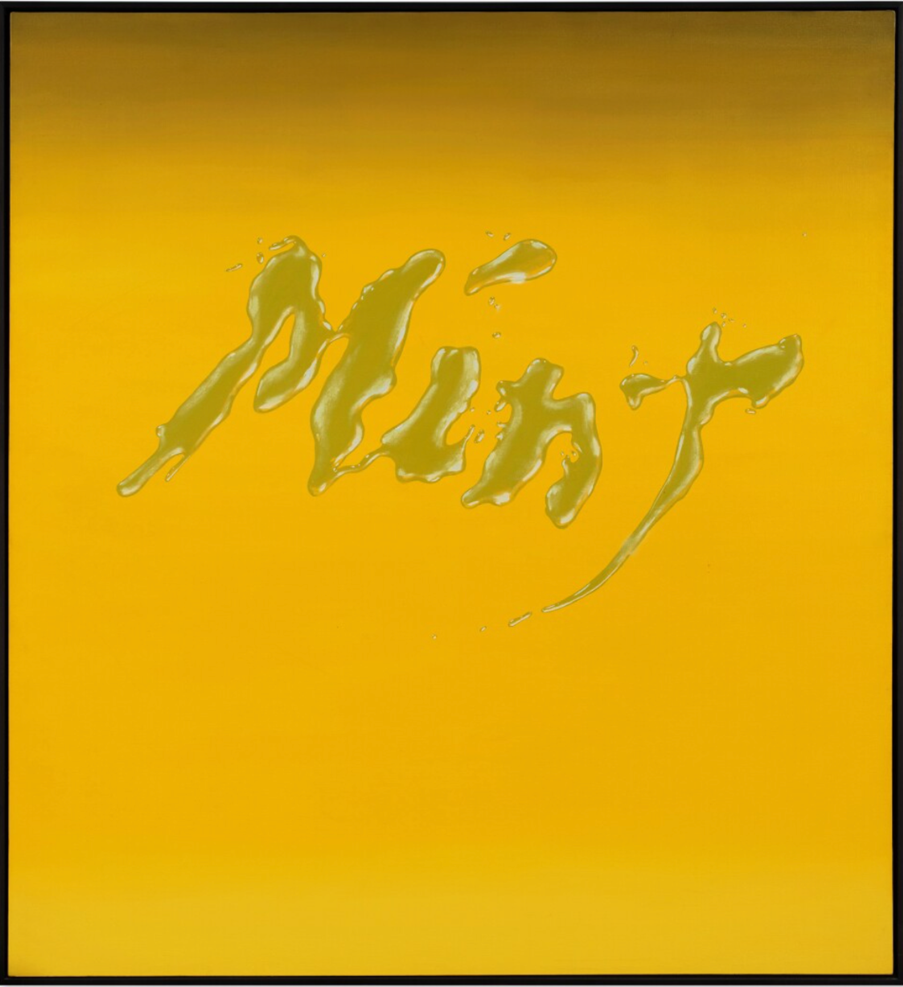 Painting by Ed Ruscha depicting the word 'mint' in a murky green colour against a mustard yellow background. The lettering is fluid and uneven, resembling liquid.