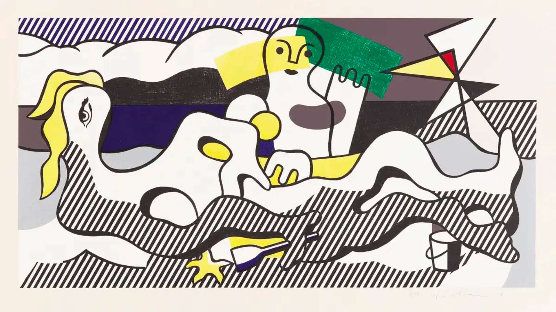 Two protagonists set amid minimalist hills and levitating futurist shapes. One is an amorphous sunbathing woman stretched across the canvas. She is composed entirely of graphic red stripes and bright yellow tufts of hair. Her companion’s shape is fixed in the background, reminiscent of a cubist ceramic, greeting the beholder with a wave.