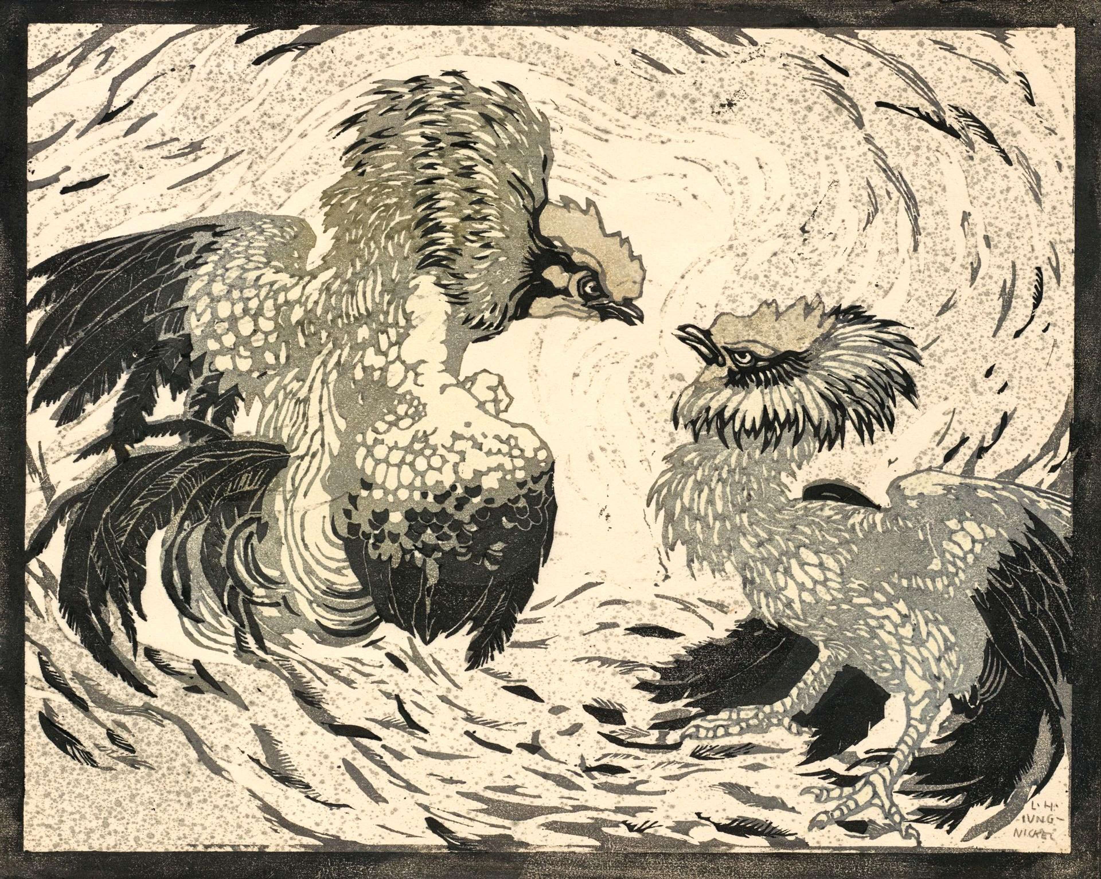 Fighting Roosters - Signed Print by Ludwig Heinrich Jungnickel 1909 - MyArtBroker