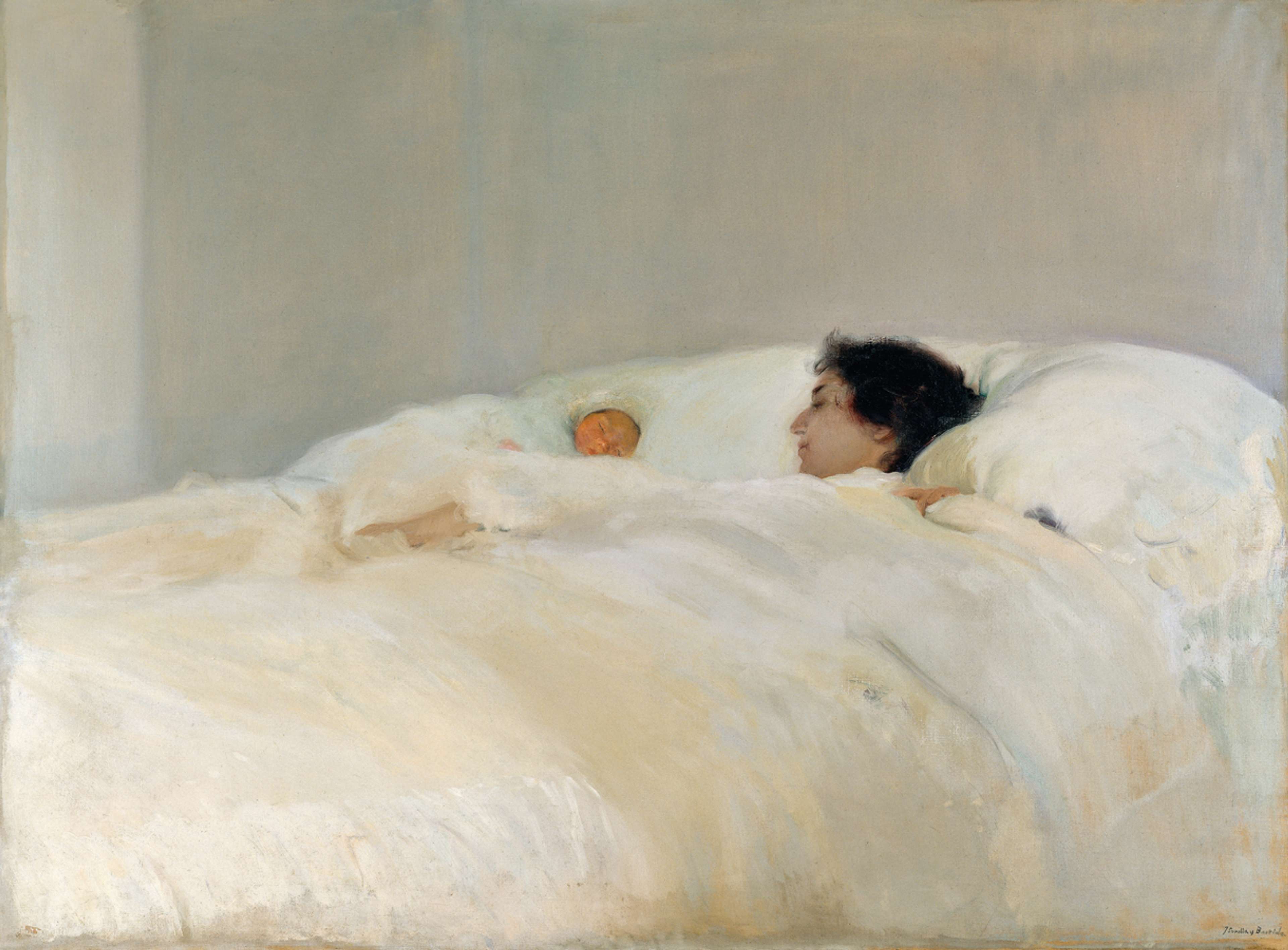 A mother sleeps in a wide, pale bed with her newborn nestled beside her, both enveloped in soft white blankets against a muted, serene background.