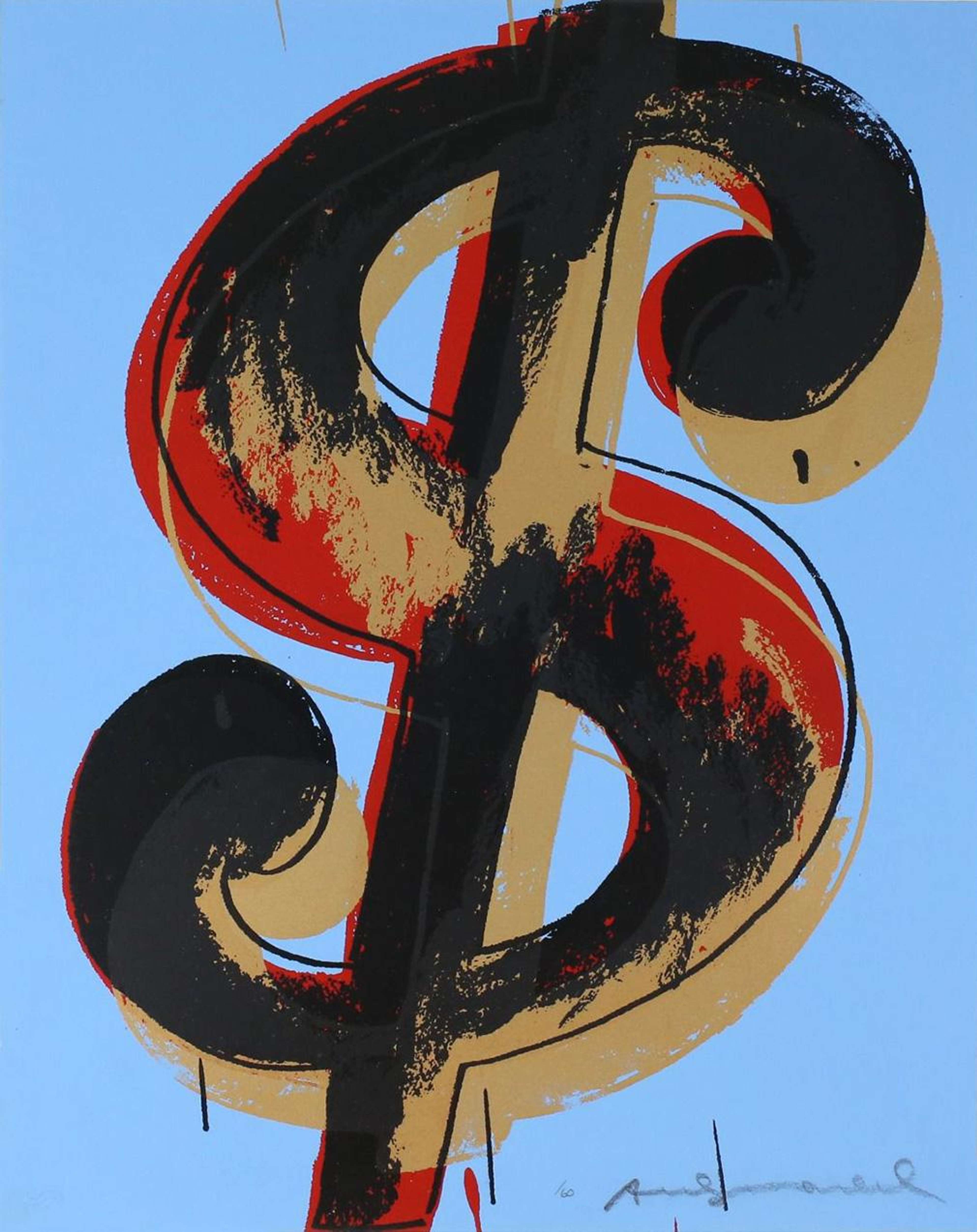 A screenprint by Andy Warhol depicting a graphic Dollar Sign in black, red, and ochre, set against a light blue background with the artist's signature in the bottom right corner.