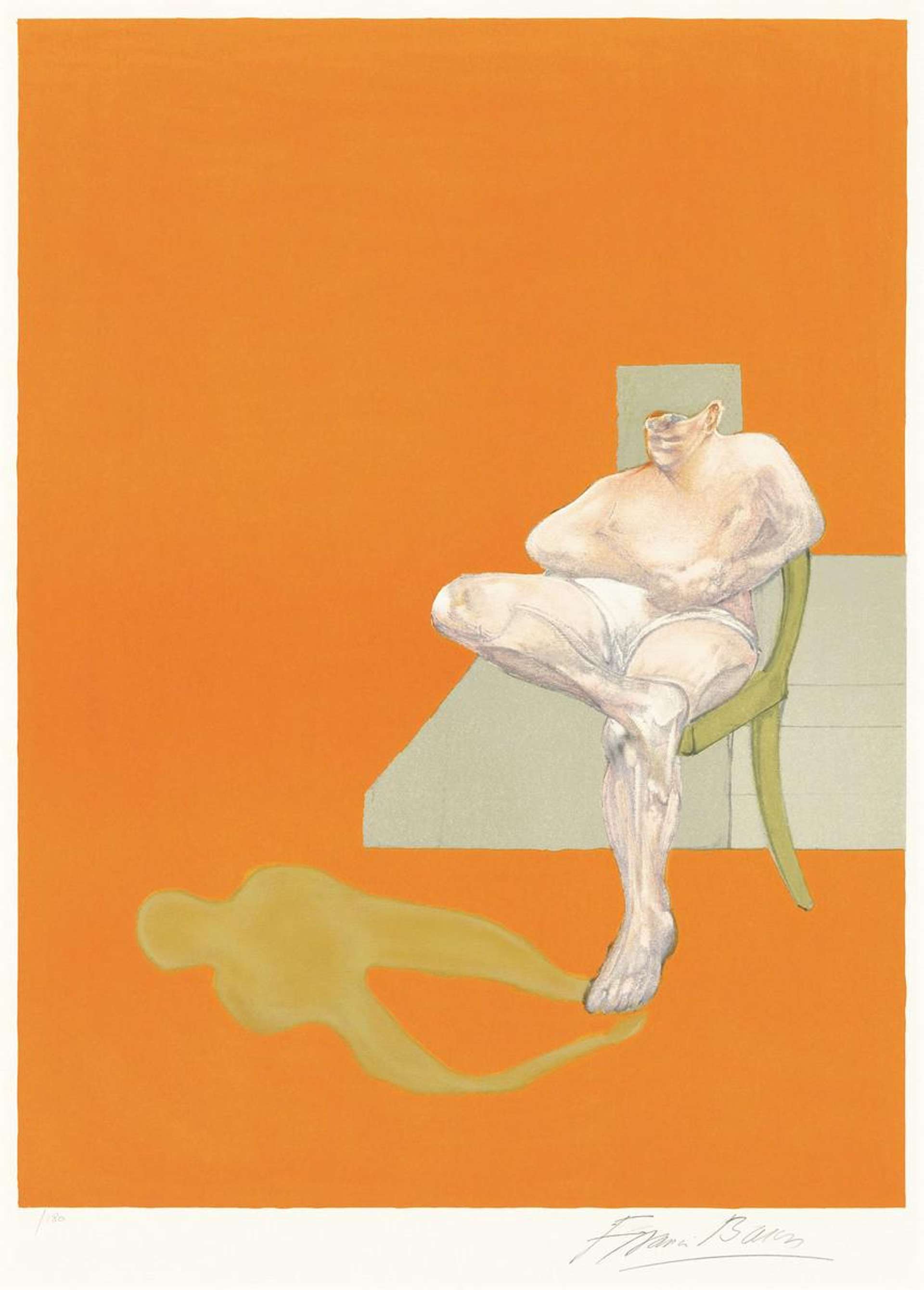A man sat in a chair with the top half of his head missing and his shadow on the floor on an orange background