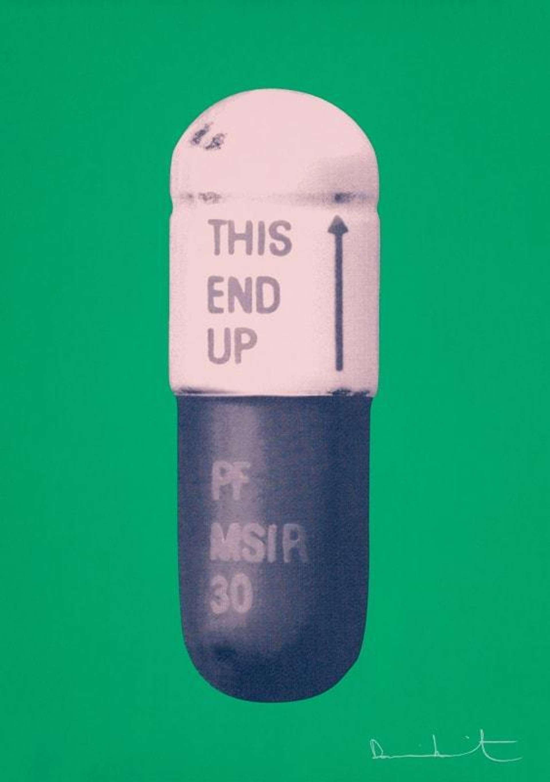 An image of the print The Cure by artist Damien Hirst. It shows a large pill, reading "This Way Up", depicted in white and purple against a green background.