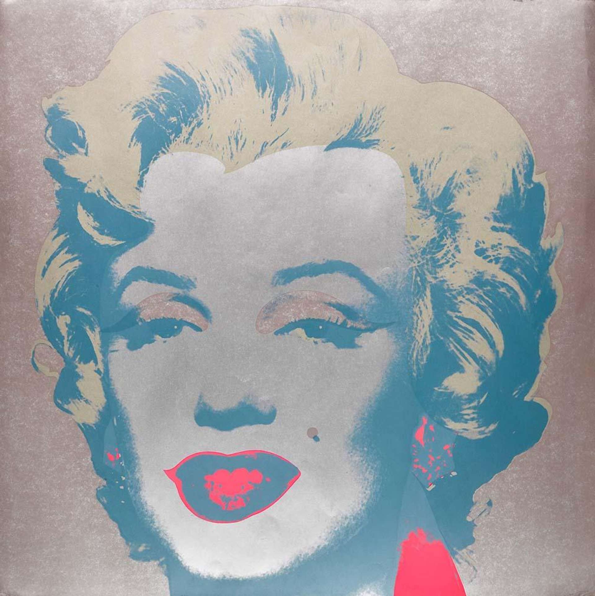 A screenprint by Andy Warhol depicting the portrait of Marilyn Monroe in blue, pink, and yellow against a silver background.