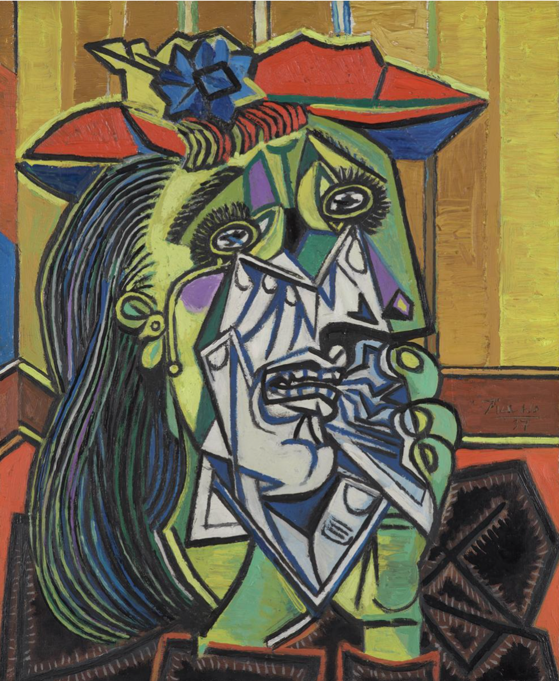 Painting by Pablo Picasso of a woman in despair. The portrait is fragmented into angular shapes and is comprised of green, yellow, grey, blue, orange and brown. 