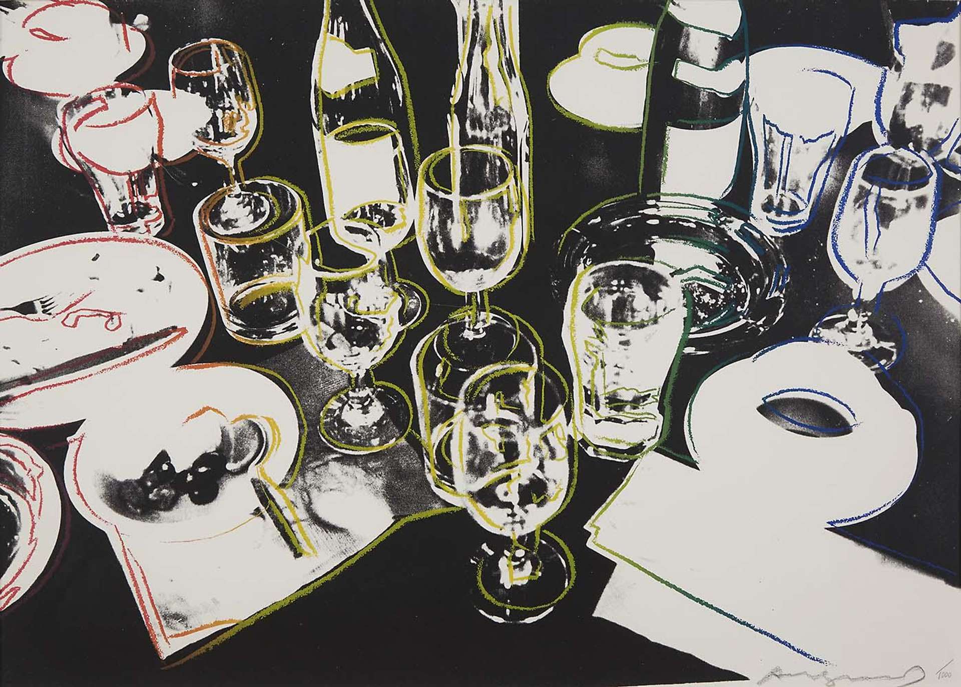 Printed in 1979, After The Party (F. & S. II.183) is a screen print by Andy Warhol that captures the aftermath of a seemingly wild and raucous party. A sense of gluttony and hedonism emerges from the haphazard arrangement of empty glasses, bottles and ashtrays that make up this print’s composition. The print is rendered in monochromatic black and white with vivid tints of red, yellow and blue outlining the various objects that are spread across the table.