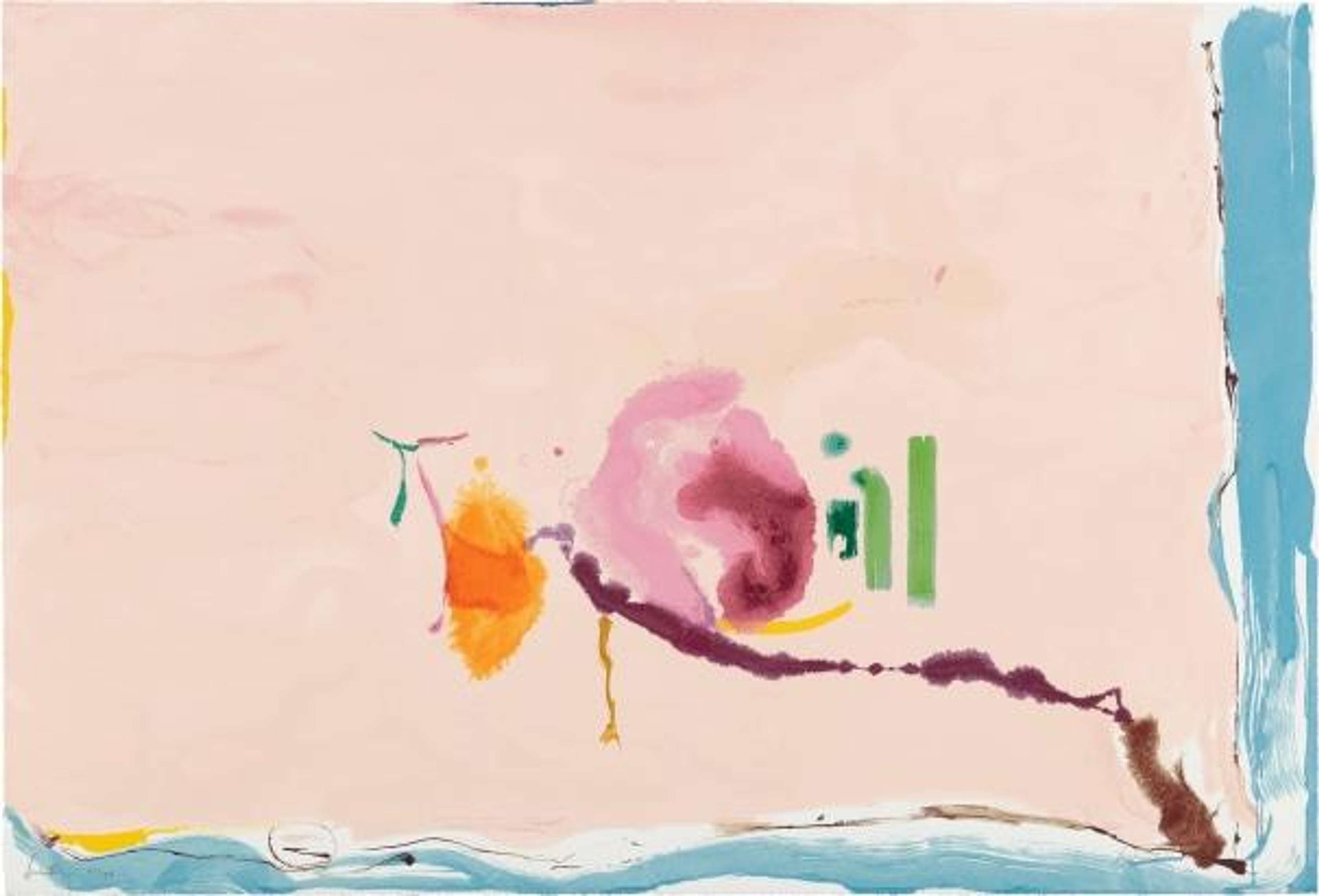 Helen Frankenthaler’s Flirt. An abstract expressionist screenprint of a landscape of a pink background with blue, red, and orange accents. 