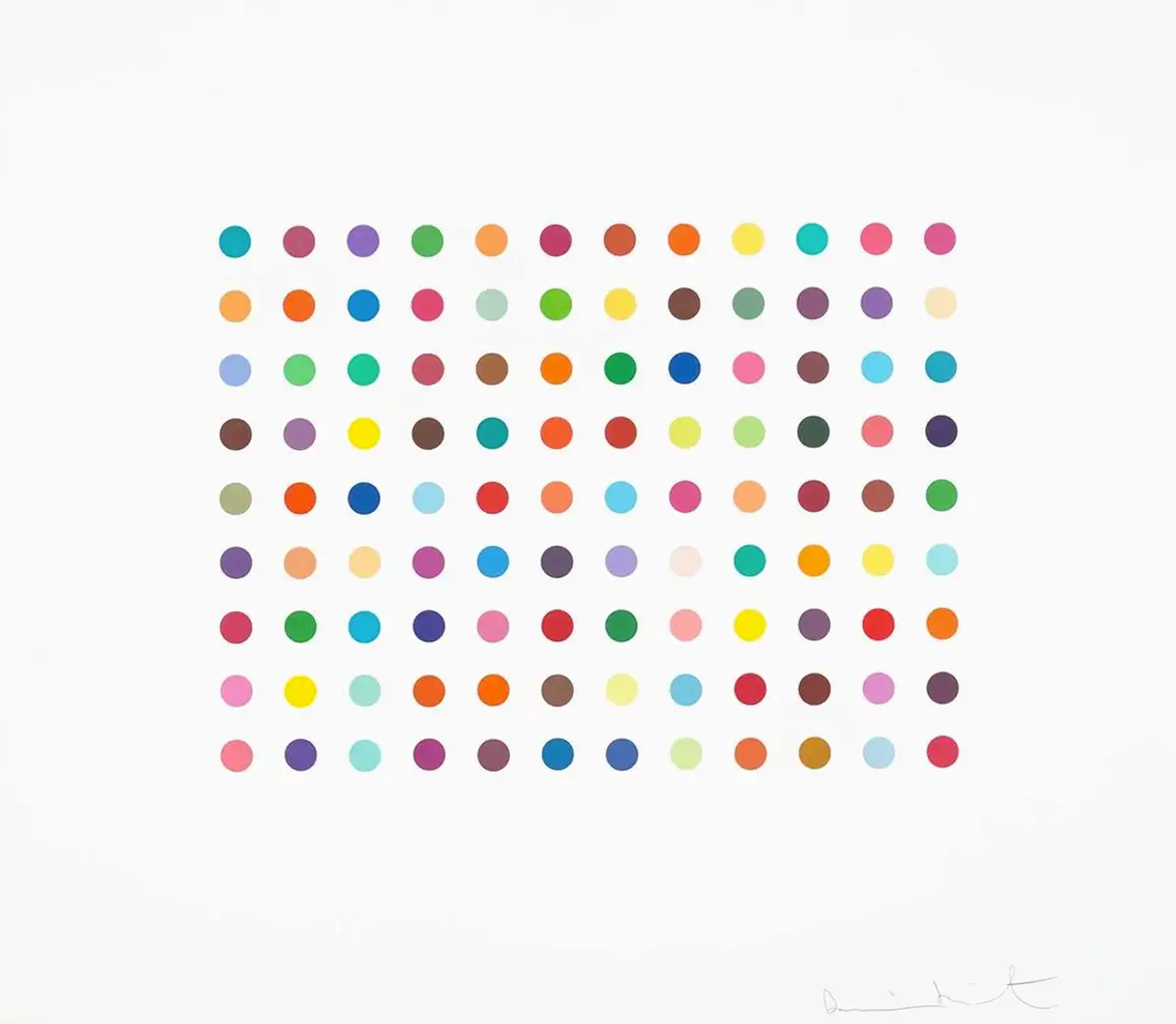 Set against a white backdrop, this print shows a grid of spots, each a different colour and arranged methodically in nine rows of twelve.