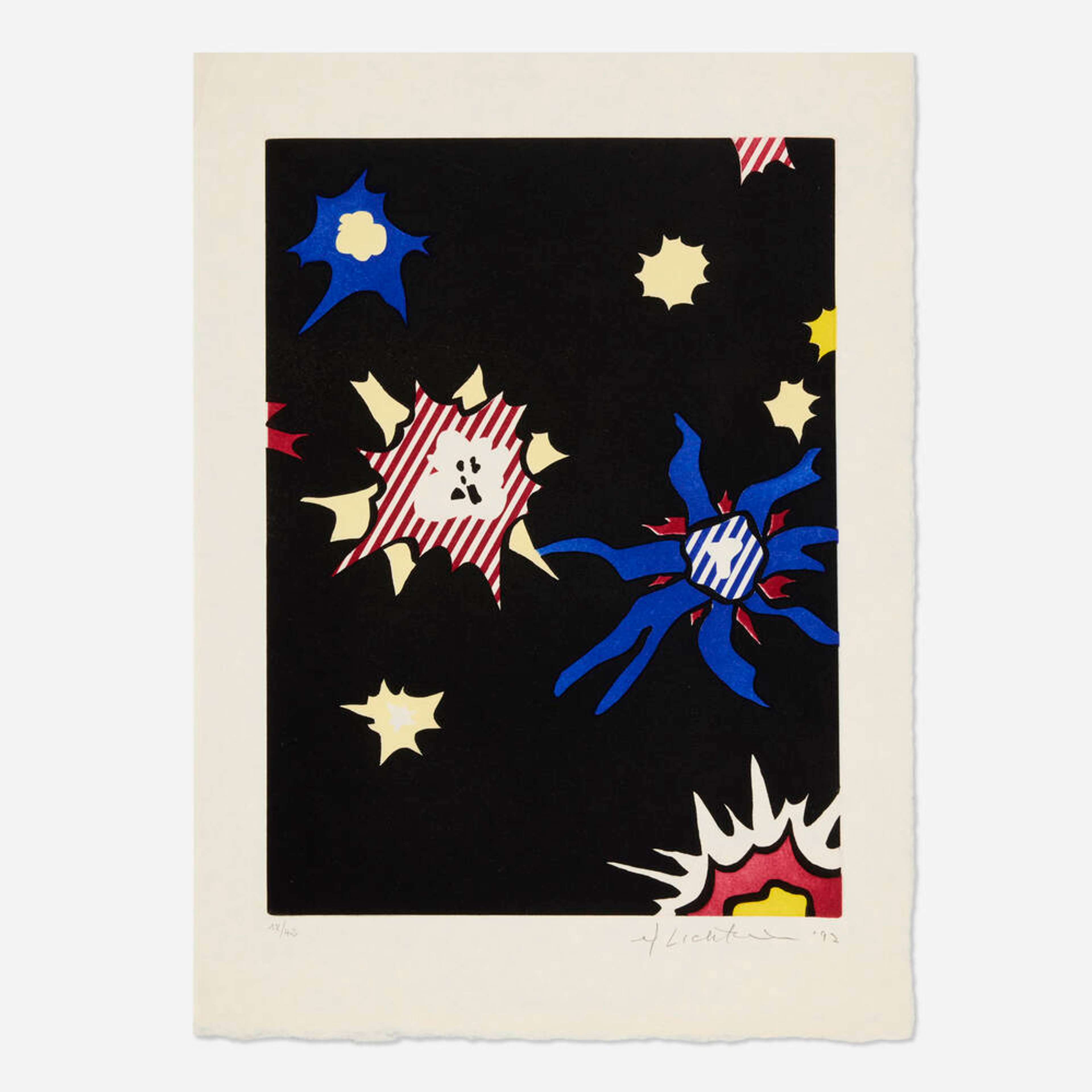 A signed intaglio print by Roy Lichtenstein, titled Illustration For Hum Bum, depicting stylised rolling hills and clouds with bold black outlines, geometric forms and blue, yellow and cream tones, signed in the lower right corner.