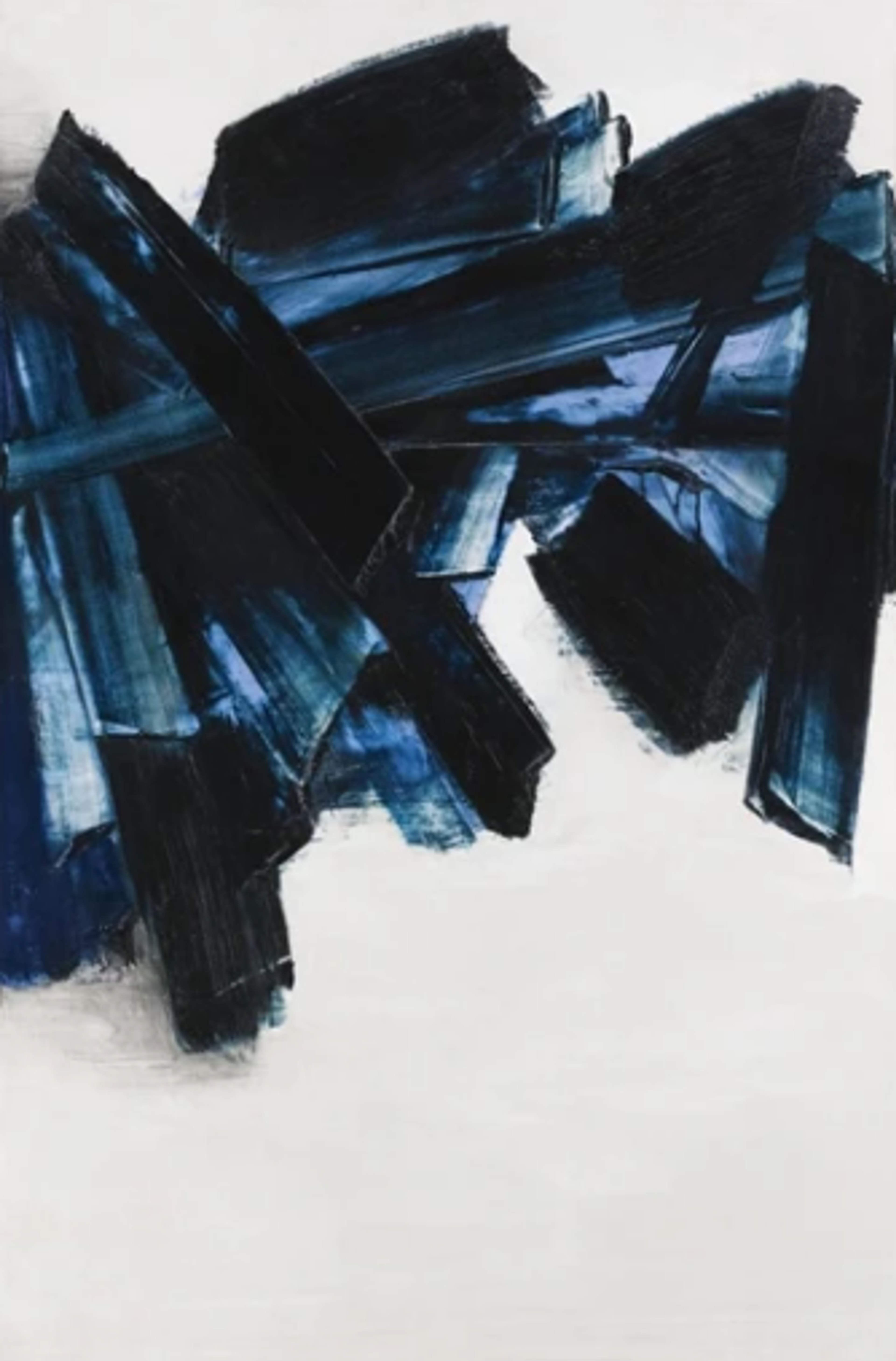 An abstract painting with bold black and deep blue brushstrokes layered across the top half of a white canvas, the overlapping strokes creating angular forms and dynamic light effects.