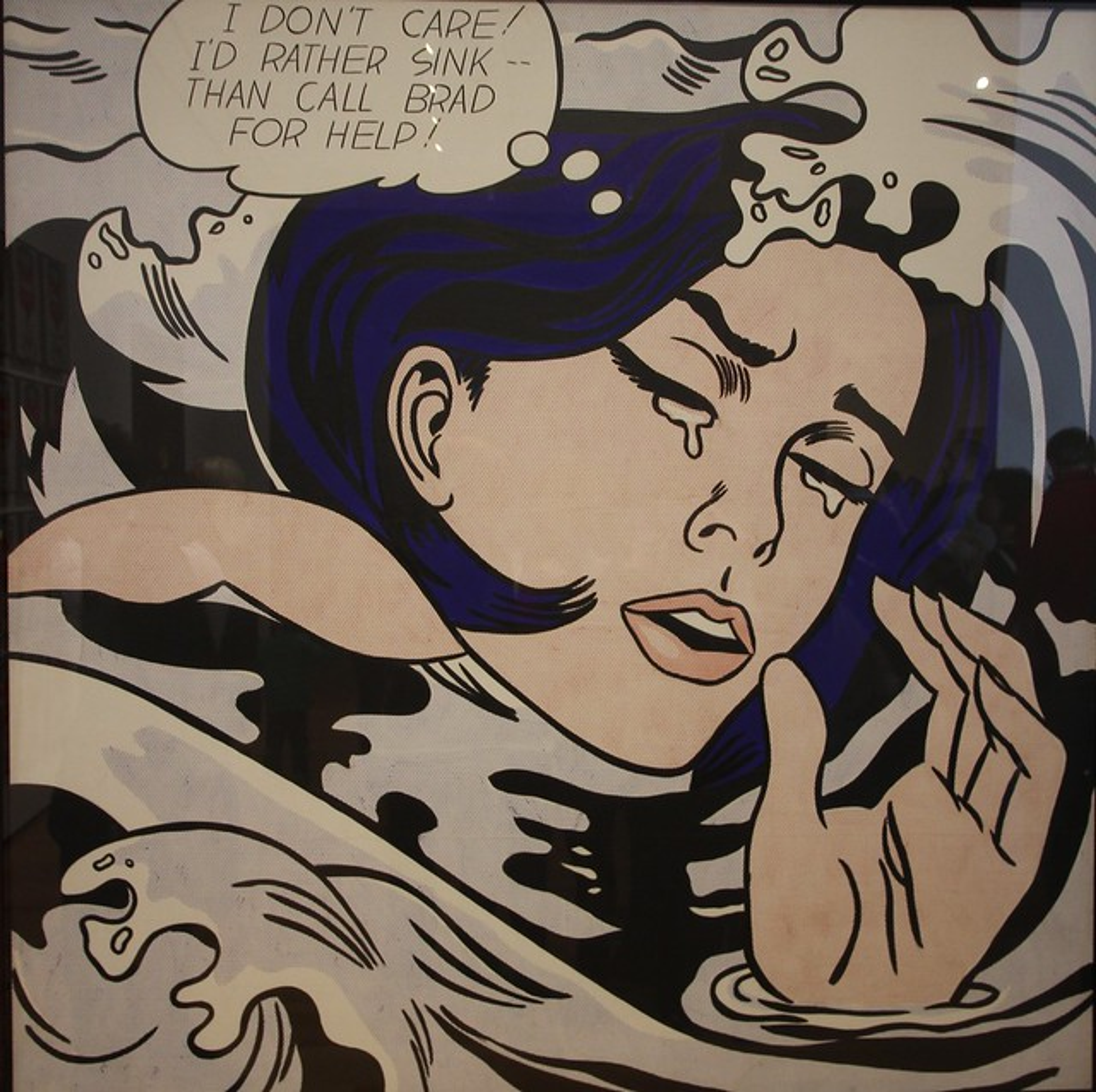 This painting shows a teary-eyed woman on a turbulent sea. She is emotionally distressed, seemingly from a romance. Using the conventions of comic book art, a thought bubble reads: "I Don't Care! I'd Rather Sink — Than Call Brad For Help!" This narrative element highlights the clichéd melodrama, while its graphics — including Ben-Day dots that echo the effect of the printing process — reiterate Lichtenstein's theme of painterly work that imitates mechanised reproduction. 
