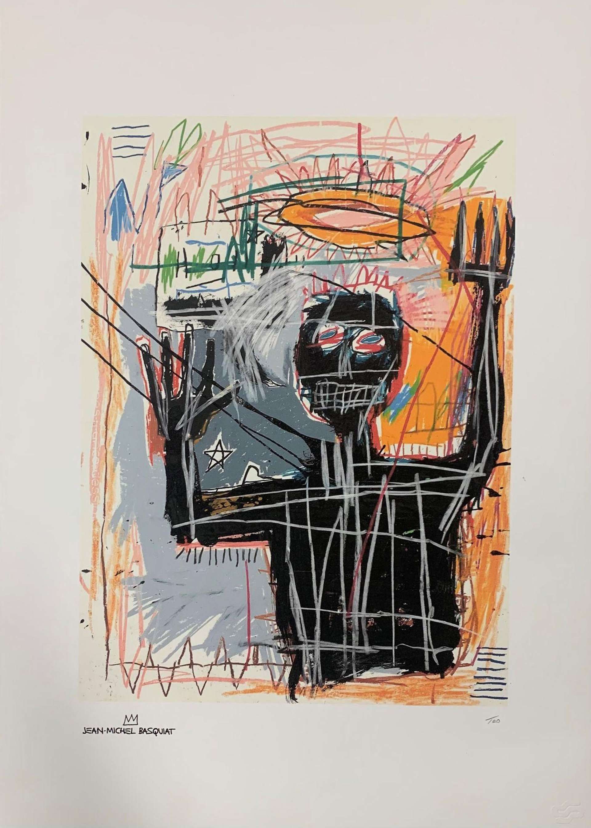 A Jean-Michel Basquiat screenprint of an abstracted black figure with scribbled facial features, raising both hands up in the air. The artwork is set against a scribbled background in various colours.