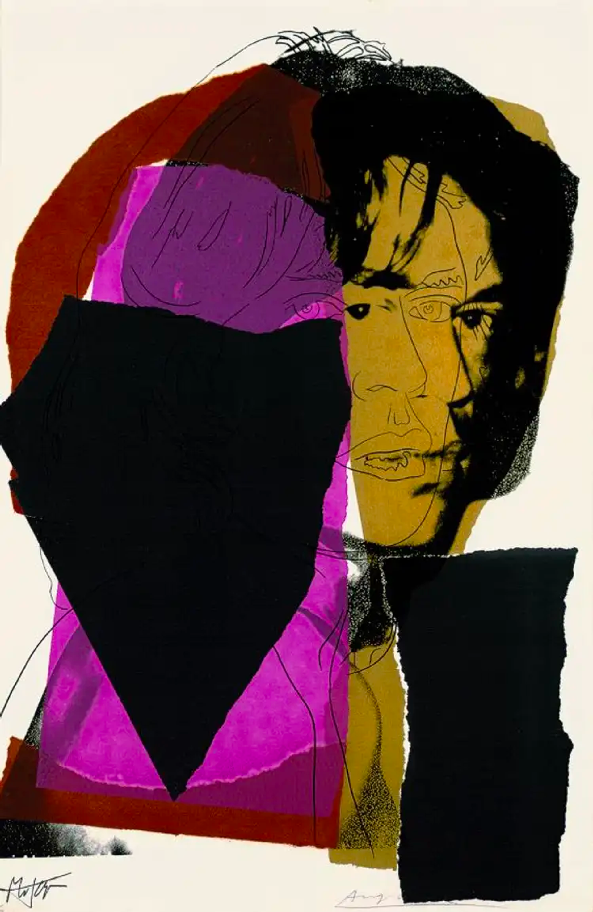 Screenprint artwork featuring a profile image of Mick Jagger, the lead singer of the Rolling Stones, depicted with abstracted pink, gold, and black color blocks
