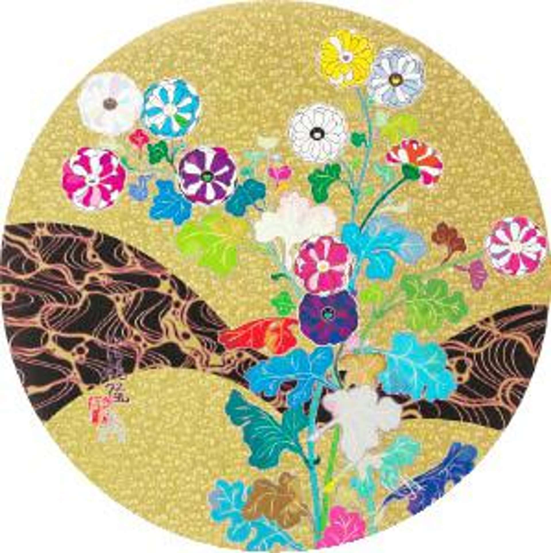 An image of the print The Golden Age Hokkyo Takashi by Takashi Murakami. It shows a round golden circle, with various flowers and abstract motifs within it.