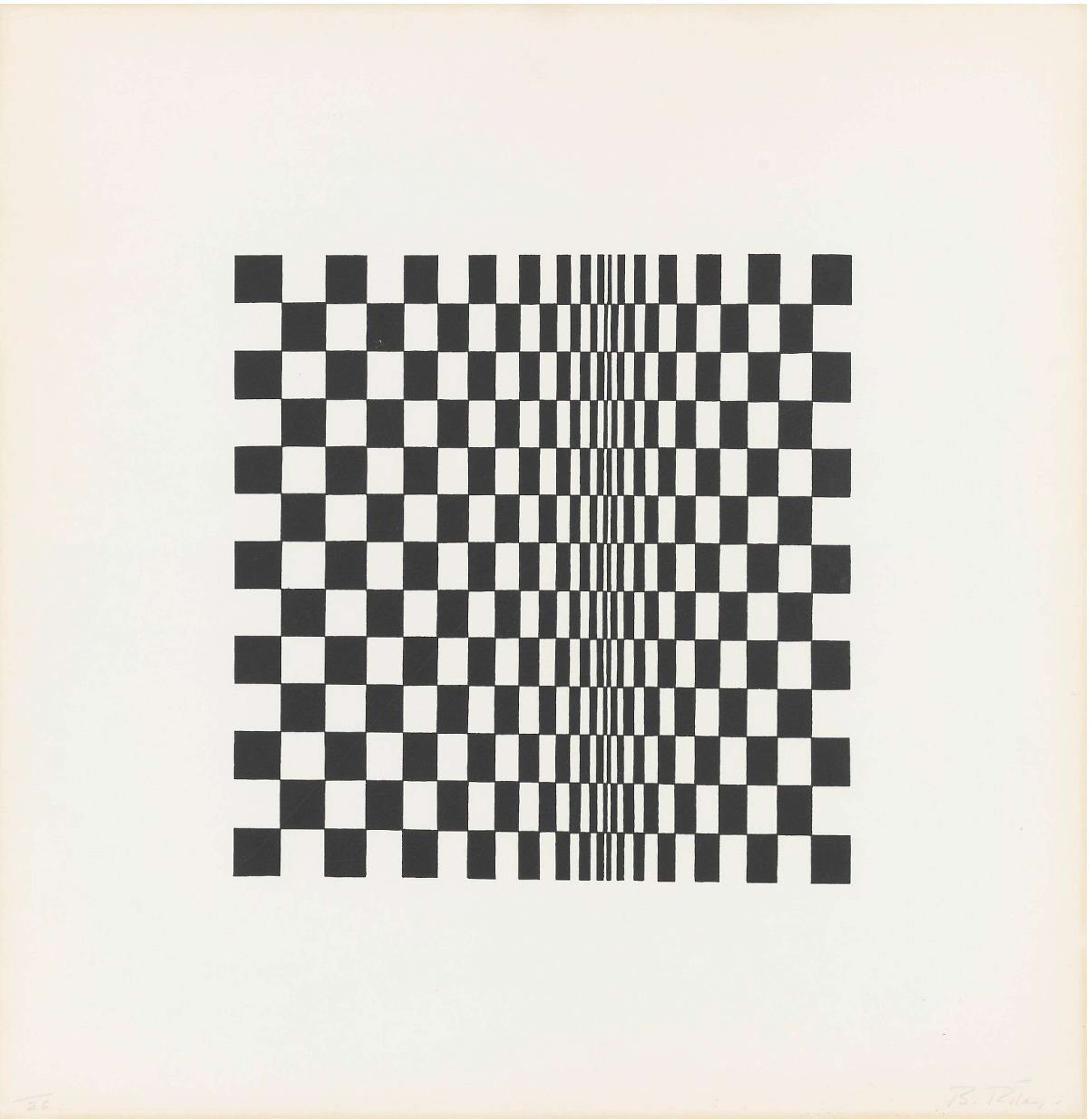 This print is modelled after Riley’s seminal 1961 painting, showing a monochrome checkerboard seemingly disappears into a vertical fold. 