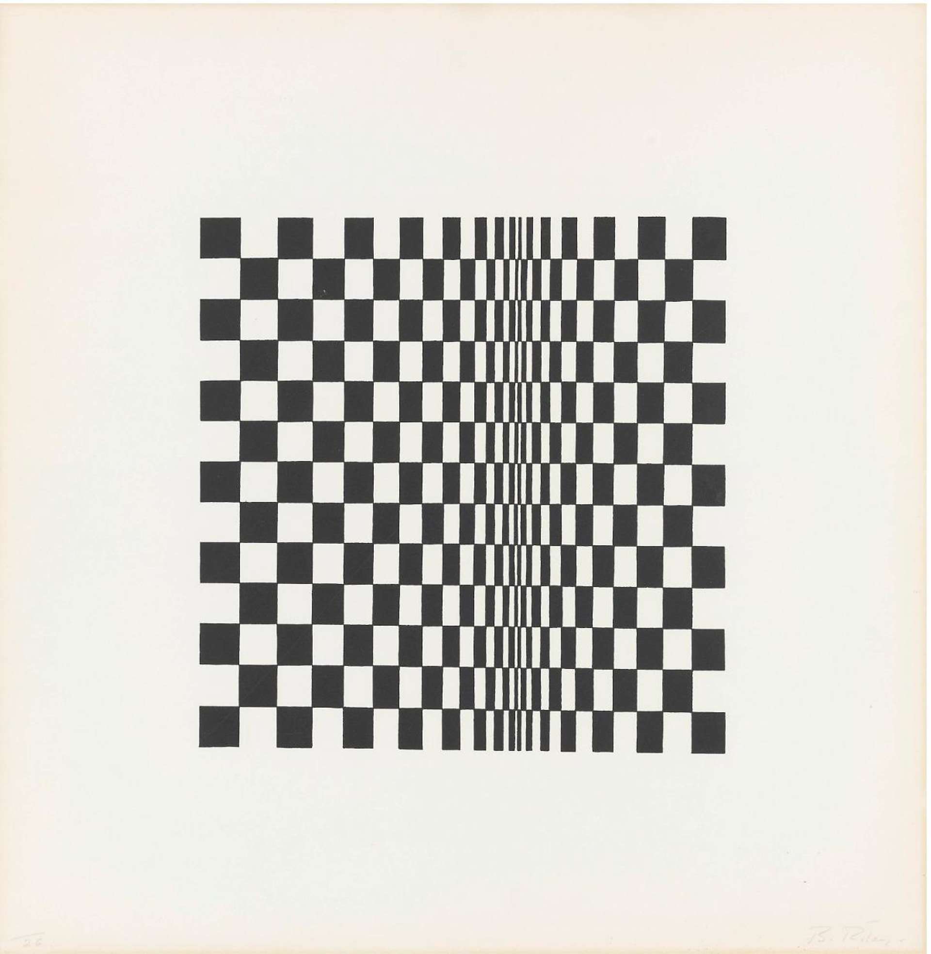 Bridget Riley’s Untitled (Based On Movement In Squares). An Op Art screenprint of a pattern of black and white squares in the shape of a larger square. 