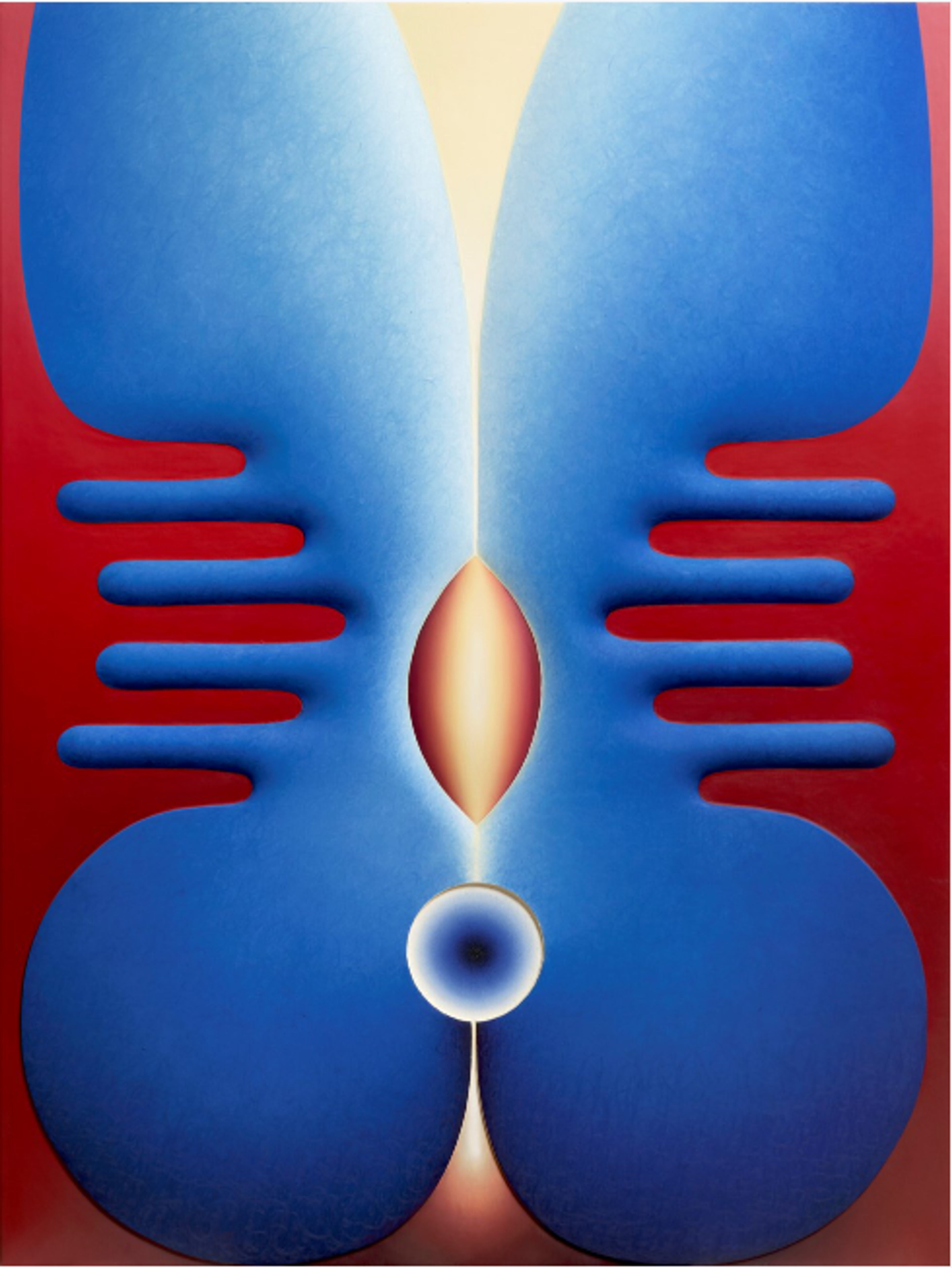 A vibrant abstract painting featuring smooth curves and finger-like shapes in rich hues of red, orange, and pink, facing outward from a vertical line of symmetry an elliptical shape.