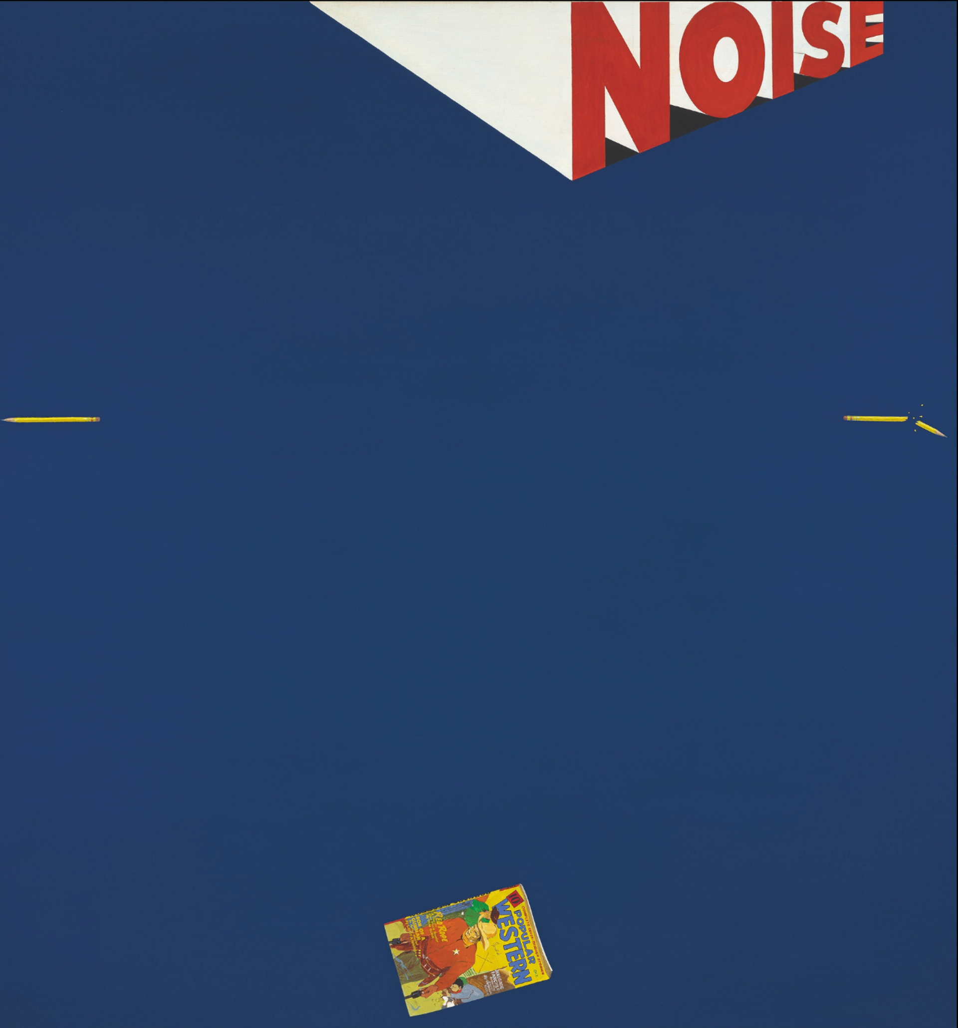 Painting by Ed Ruscha depicting the word noise in red, two yellow pencils, one in tacts and one broken, and a Western magazine, all set against a navy blue flat background.
