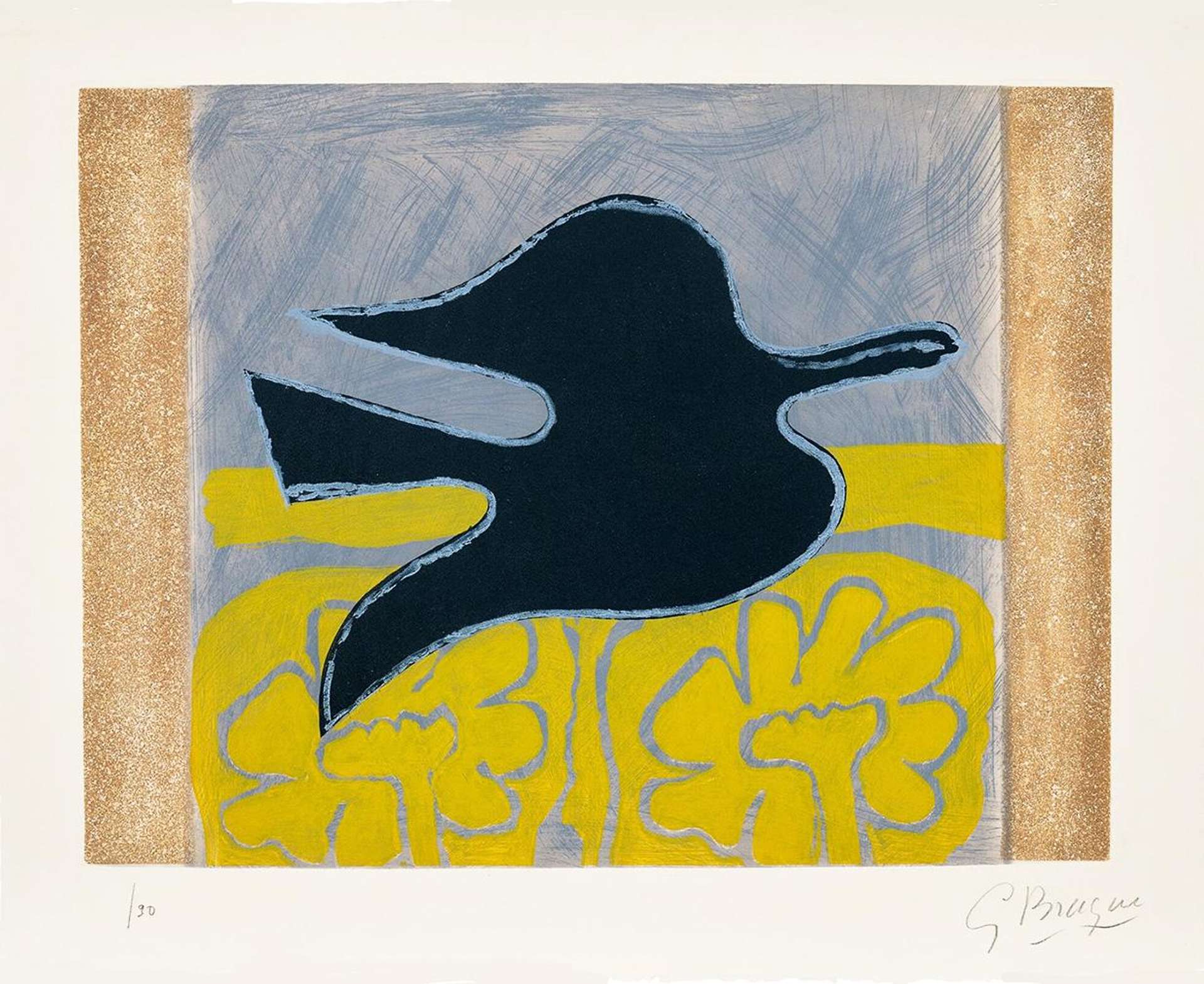 This print shows a black, curved bird against a blue and yellow background.