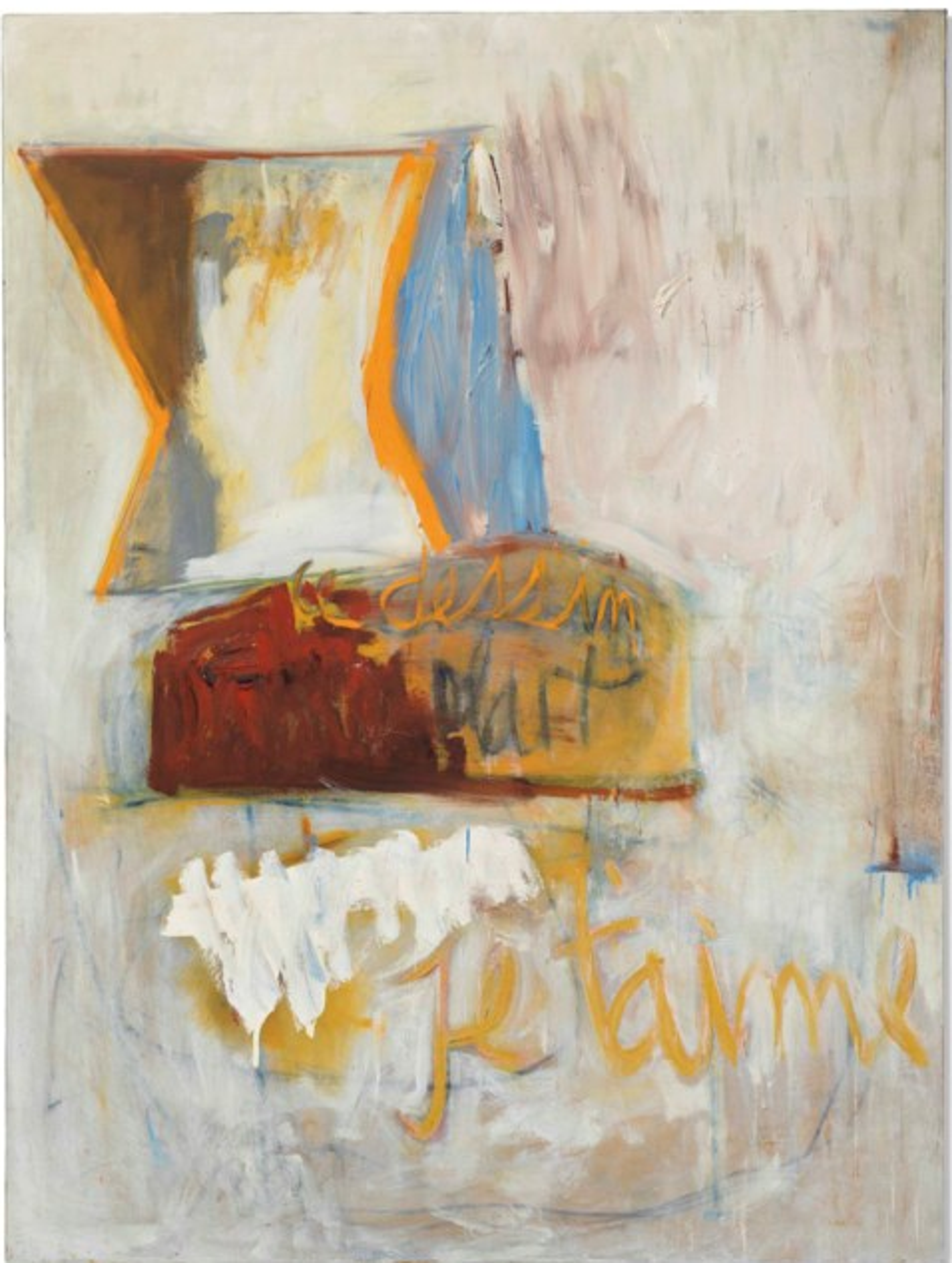 Expressionist painting featuring a brown and orange abstract form resembling a boot or vase and an abstract depiction of a loaf of bread against a pale, muted background. The words “le dessin” are written across the bread, and “je t’aime” is written across the lower portion of the background, both in loose cursive.