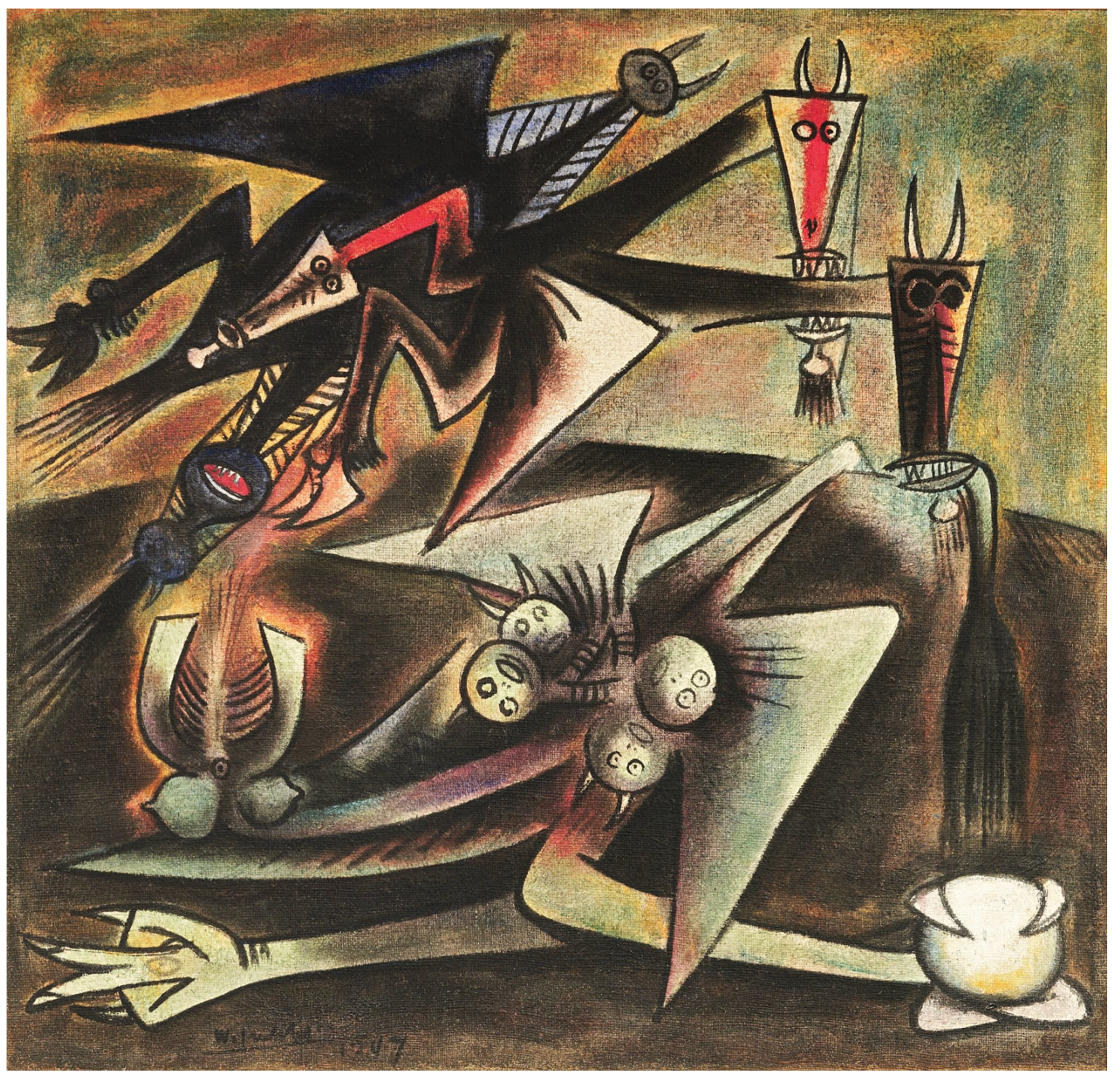 A square painting featuring two angular, sharp-edged creatures seemingly fighting on a barren, dark landscape. The higher, darker of the two creatures has several triangular heads, wings, clawed feet, as well as an additional mouth in the centre of its narrow body. The lower of the two has four central circular heads on thin, bending necks bursting out of its belly, as well as clawed feet and angular wings. It holds a white orb in one claw. 