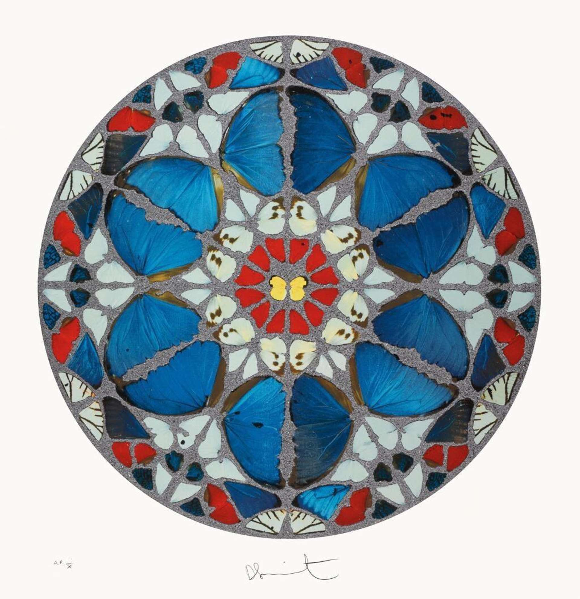In this print, Hirst produces an intricate pattern formed of concentric circles made out of butterfly wings. The hypnotic effect of the pattern is captivating. In the centre of the composition is a yellow butterfly.