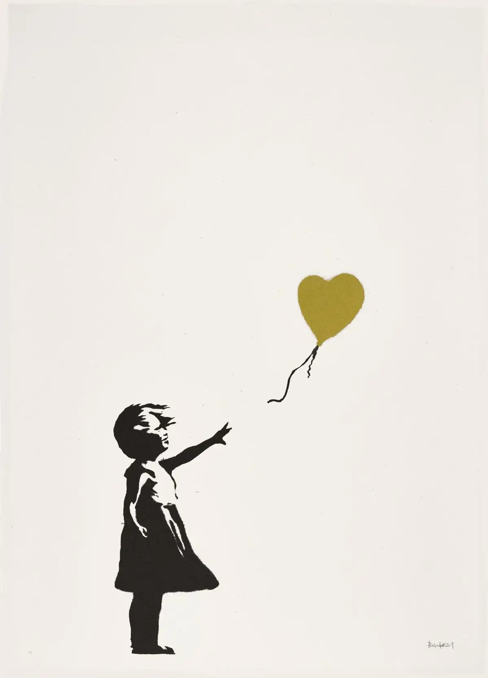 Banksy screenprint showing a black-and-white stencilled girl reaching for a gold heart balloon against a white background.