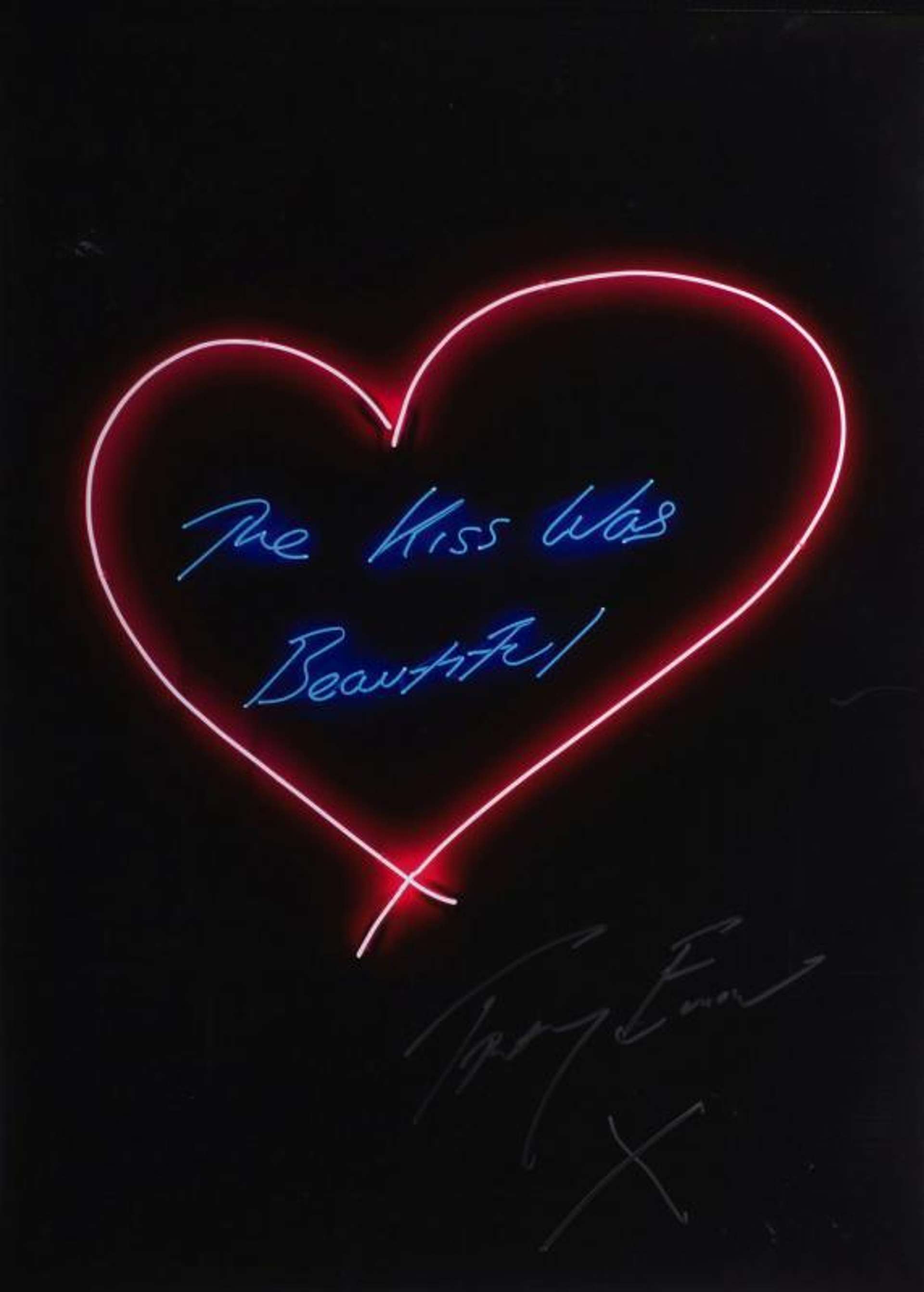 This print captures one of Tracey Emin’s works from her Neons collection. The text, from which the work takes its title, is executed in Emin’s distinctive handwriting with blue neon lights. Framed by an illuminated red love heart, the work is typical of Emin’s exploration of intimacy and relationships. Set against a black background to best show the glow of the neon lights, Emin’s signature and a kiss appear faintly in white beneath the neon work.